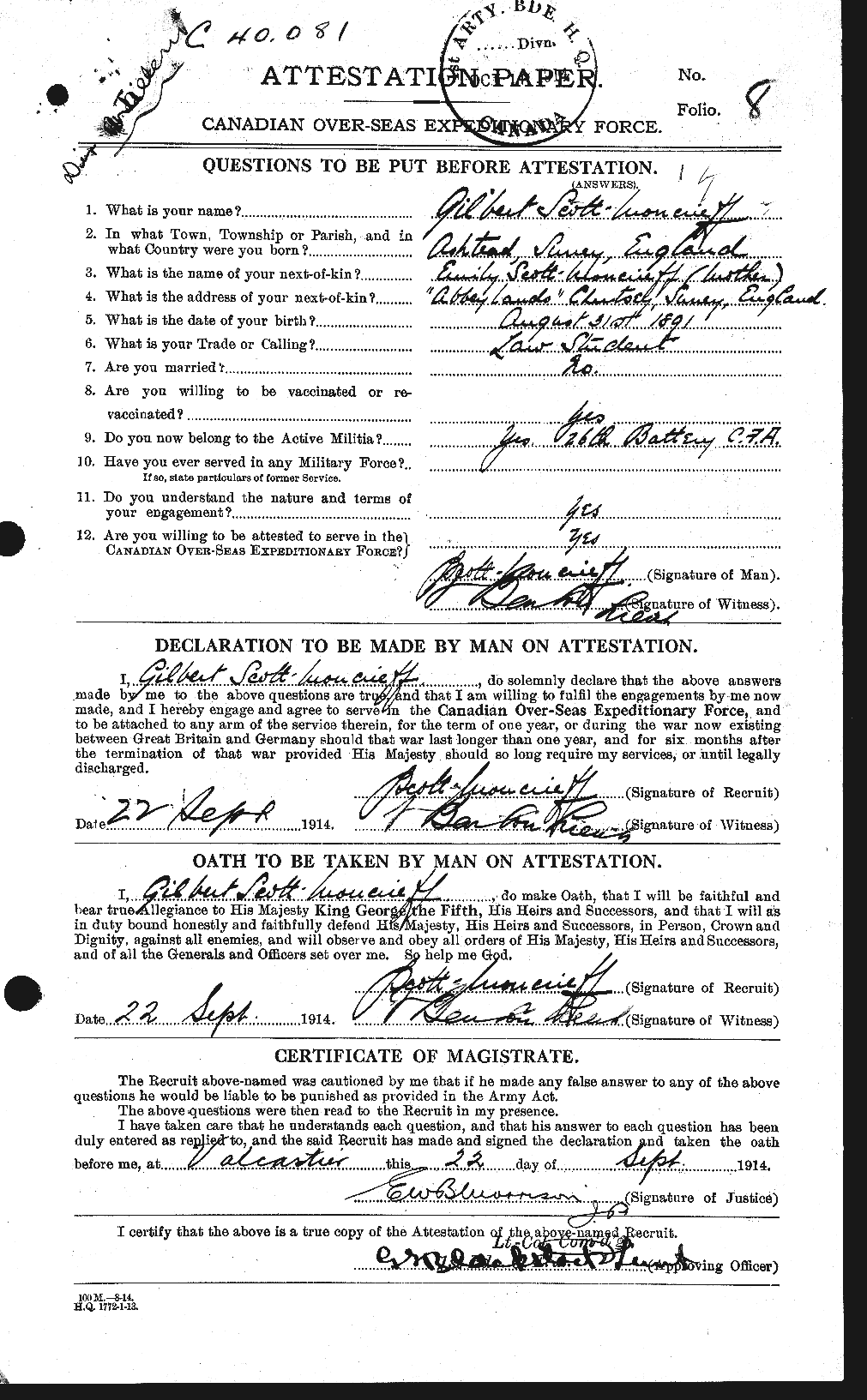 Dossiers du Personnel de la Première Guerre mondiale - CEC 087242a