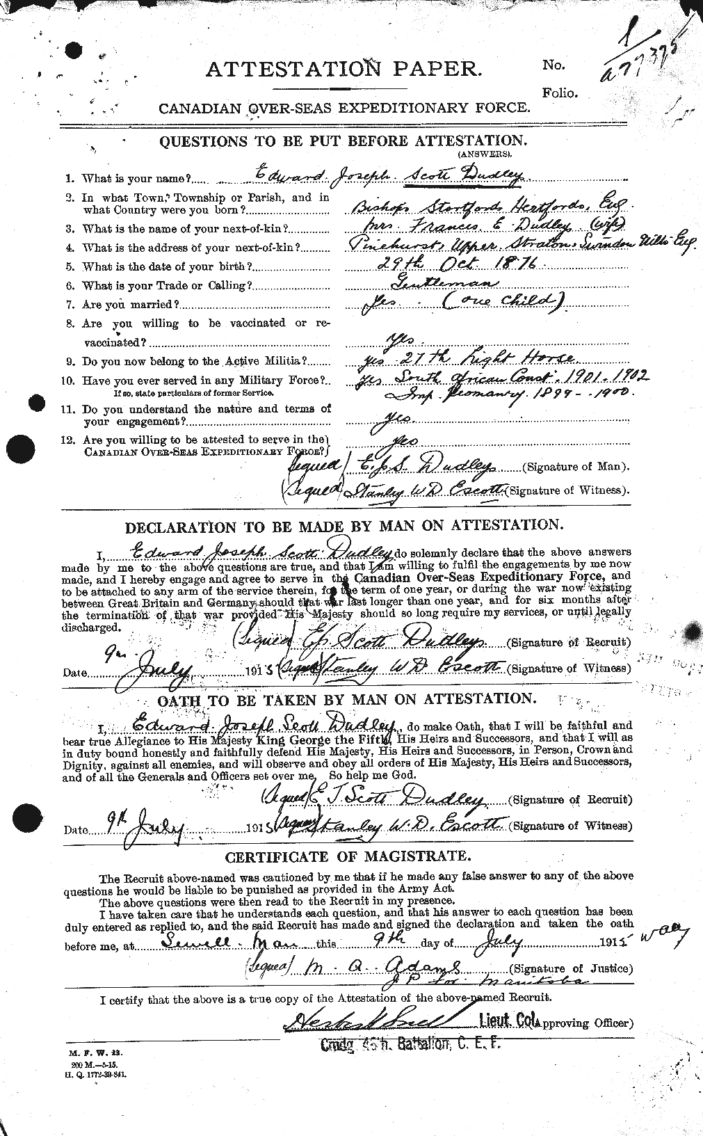 Dossiers du Personnel de la Première Guerre mondiale - CEC 087243a