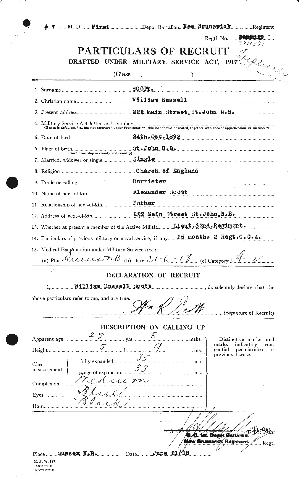 Dossiers du Personnel de la Première Guerre mondiale - CEC 087262a
