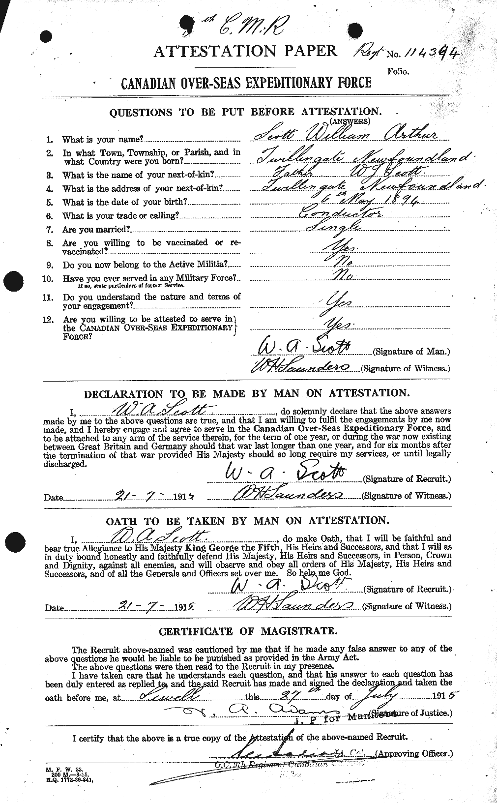 Dossiers du Personnel de la Première Guerre mondiale - CEC 087327a
