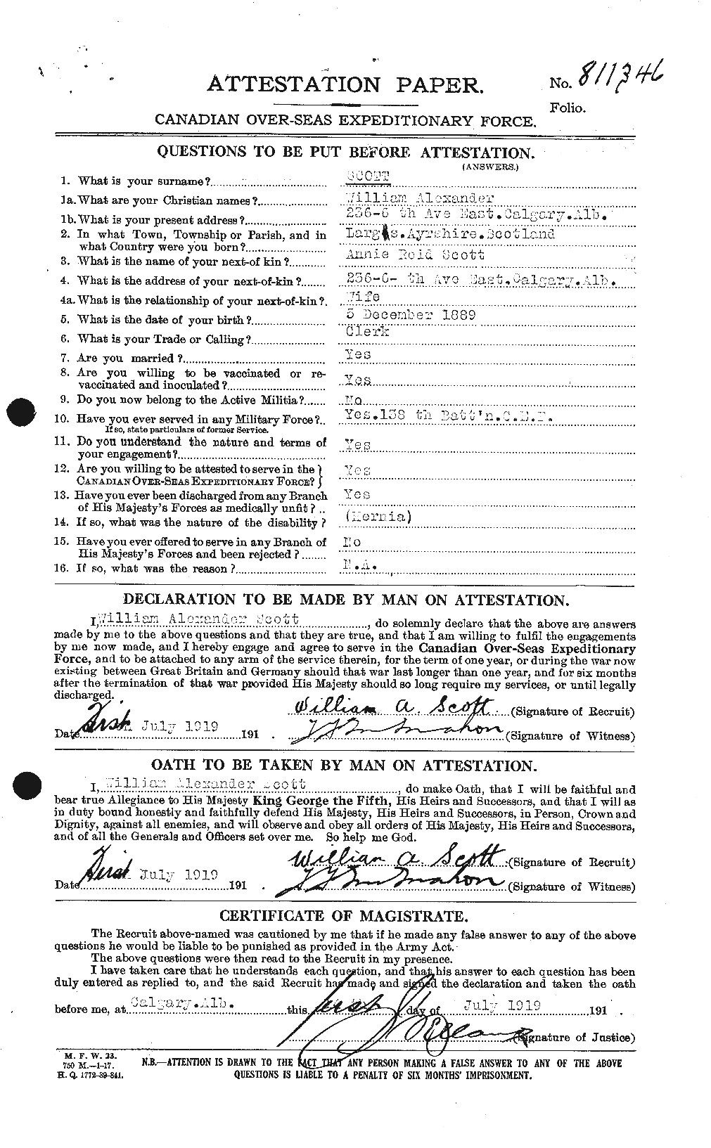 Dossiers du Personnel de la Première Guerre mondiale - CEC 087338a