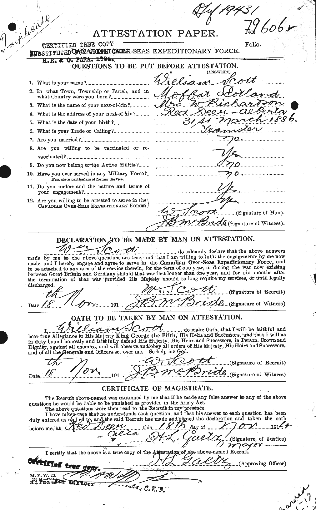 Dossiers du Personnel de la Première Guerre mondiale - CEC 087363a
