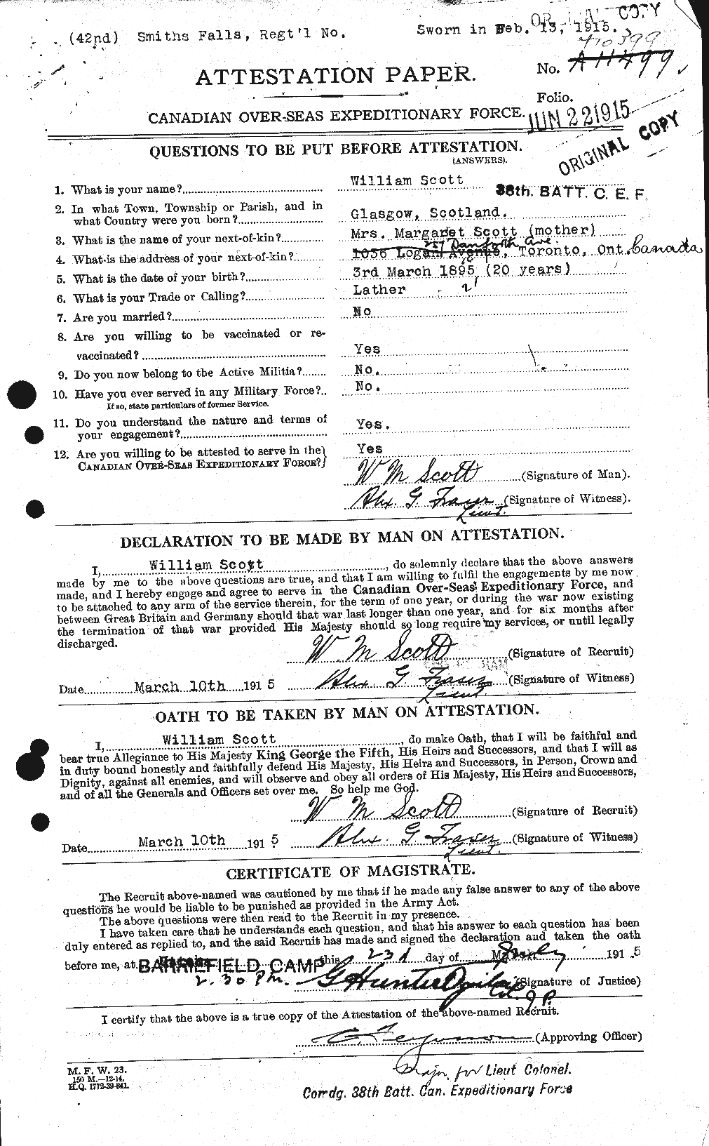 Dossiers du Personnel de la Première Guerre mondiale - CEC 087369a