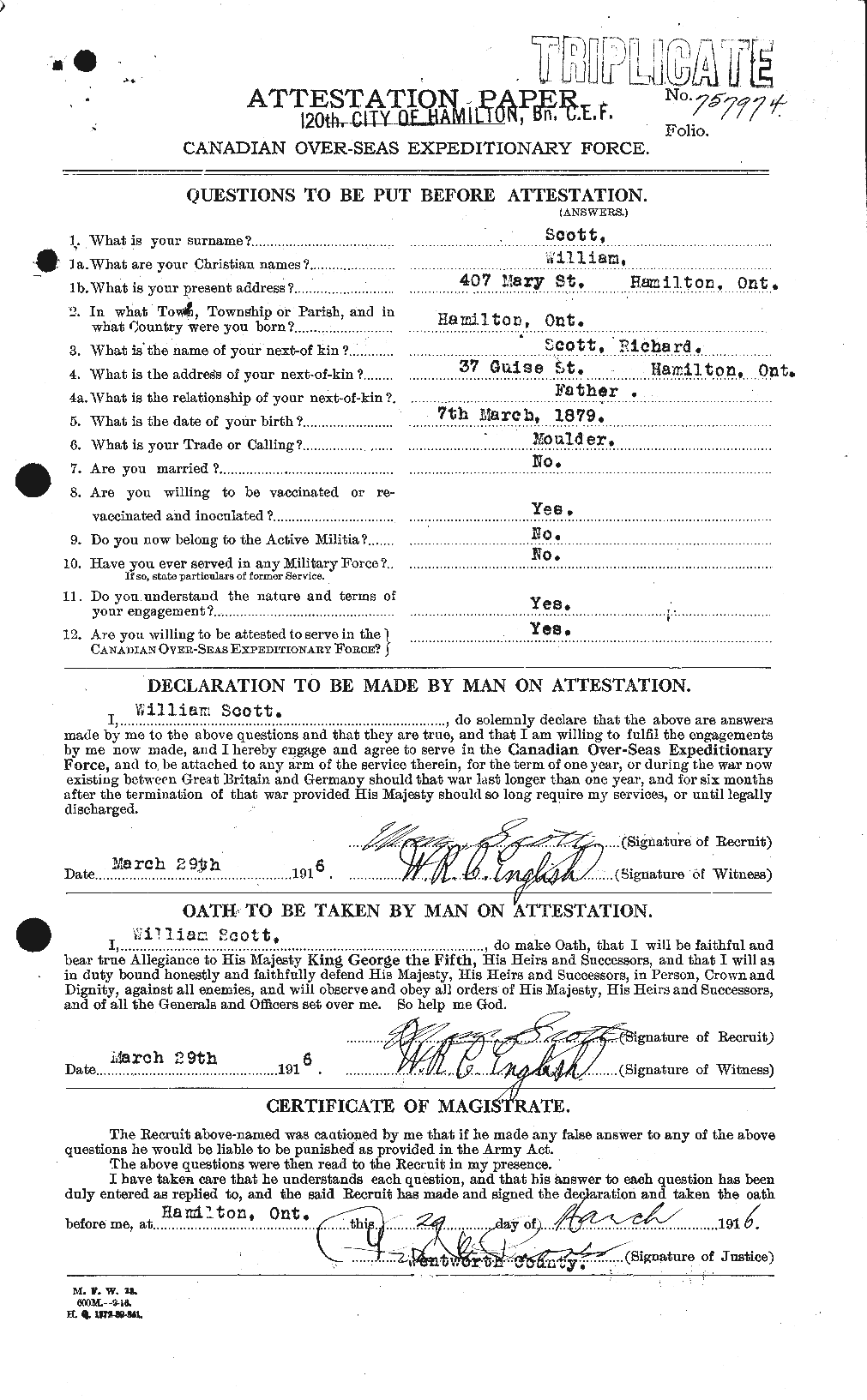 Dossiers du Personnel de la Première Guerre mondiale - CEC 087656a