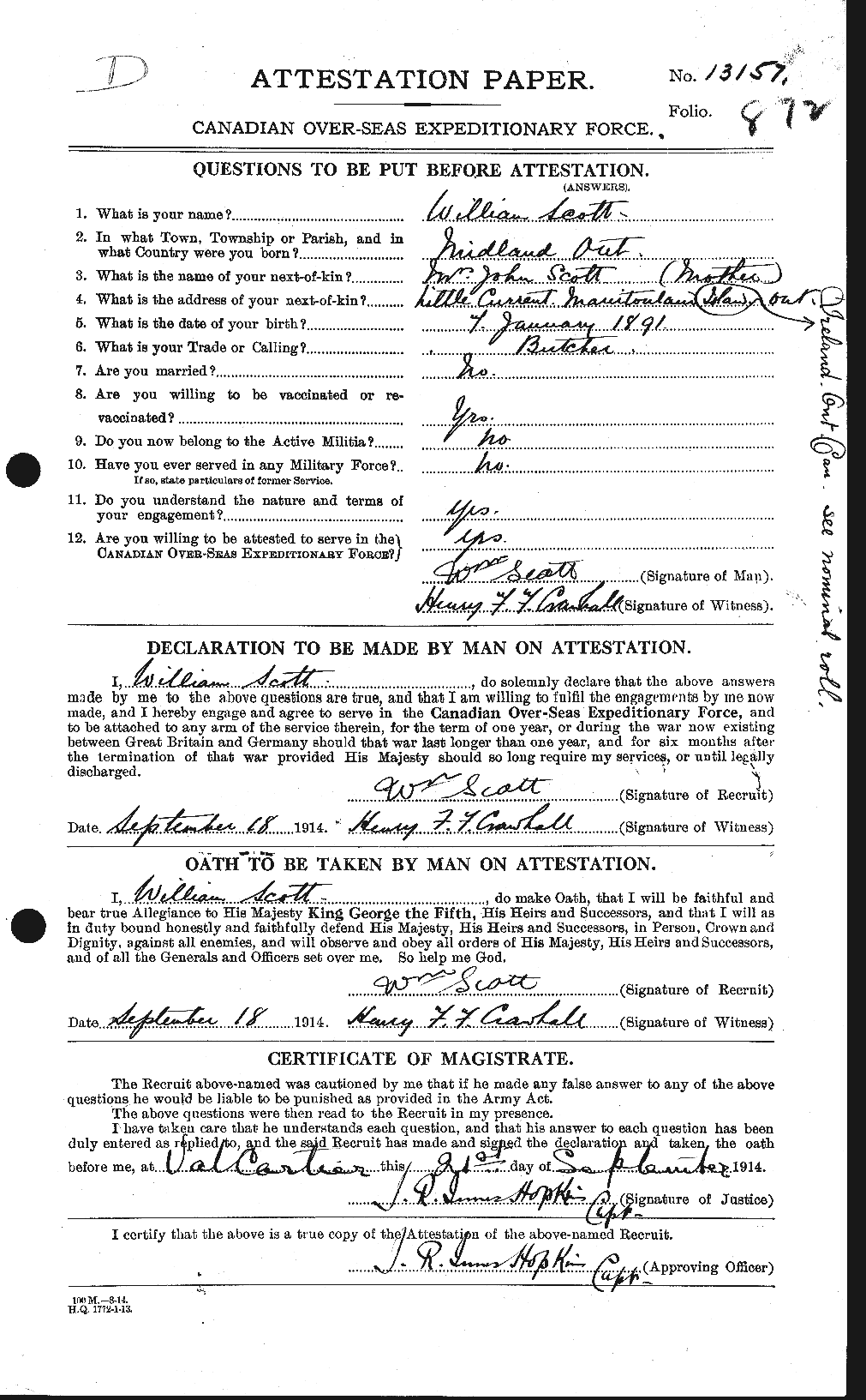 Dossiers du Personnel de la Première Guerre mondiale - CEC 087659a
