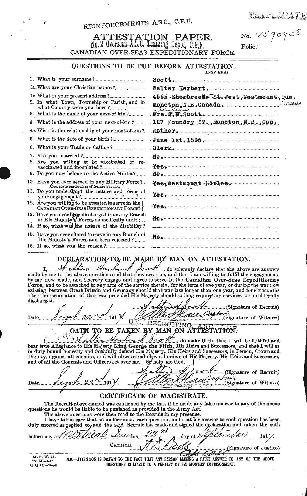 Dossiers du Personnel de la Première Guerre mondiale - CEC 087982a