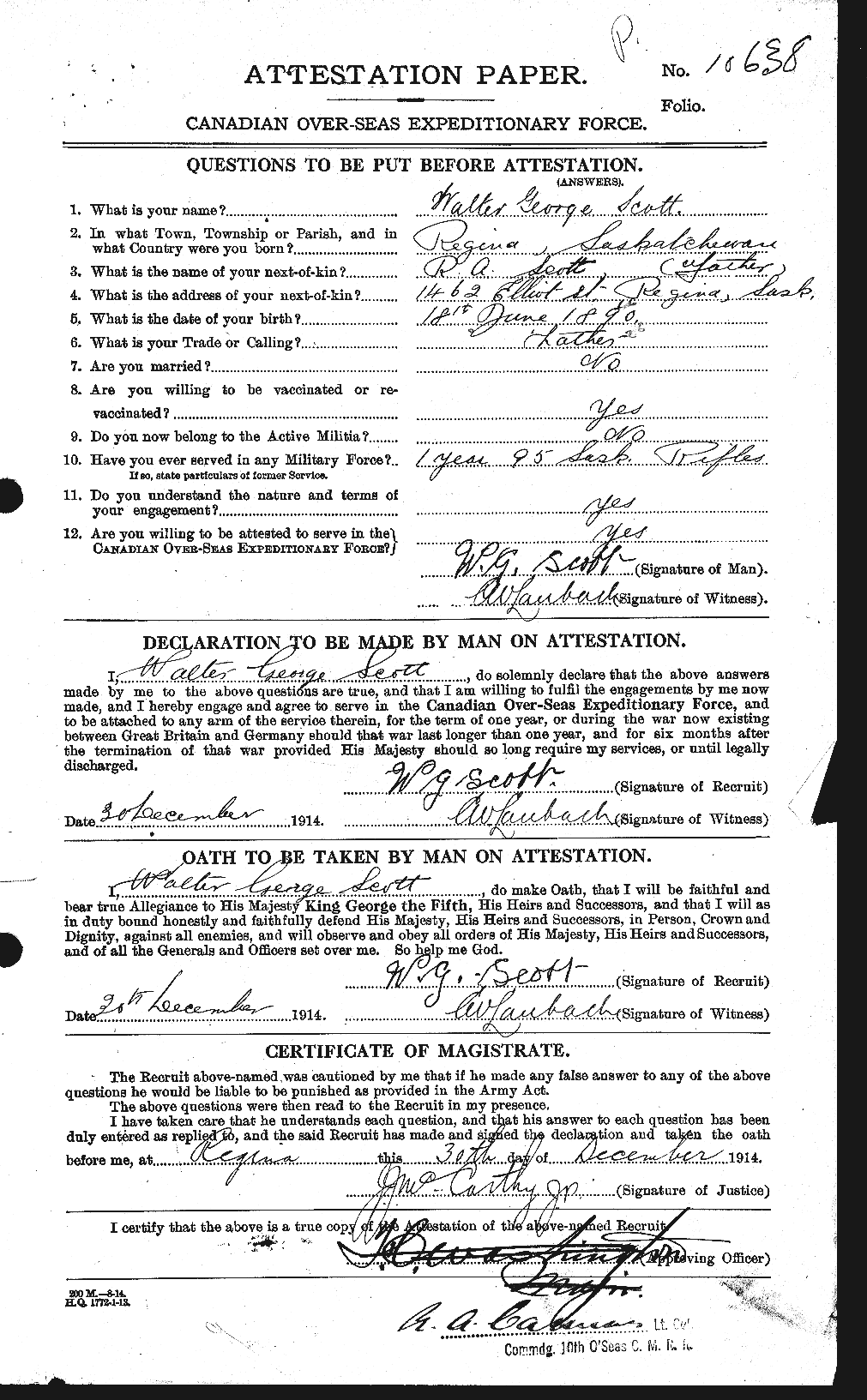 Dossiers du Personnel de la Première Guerre mondiale - CEC 087988a