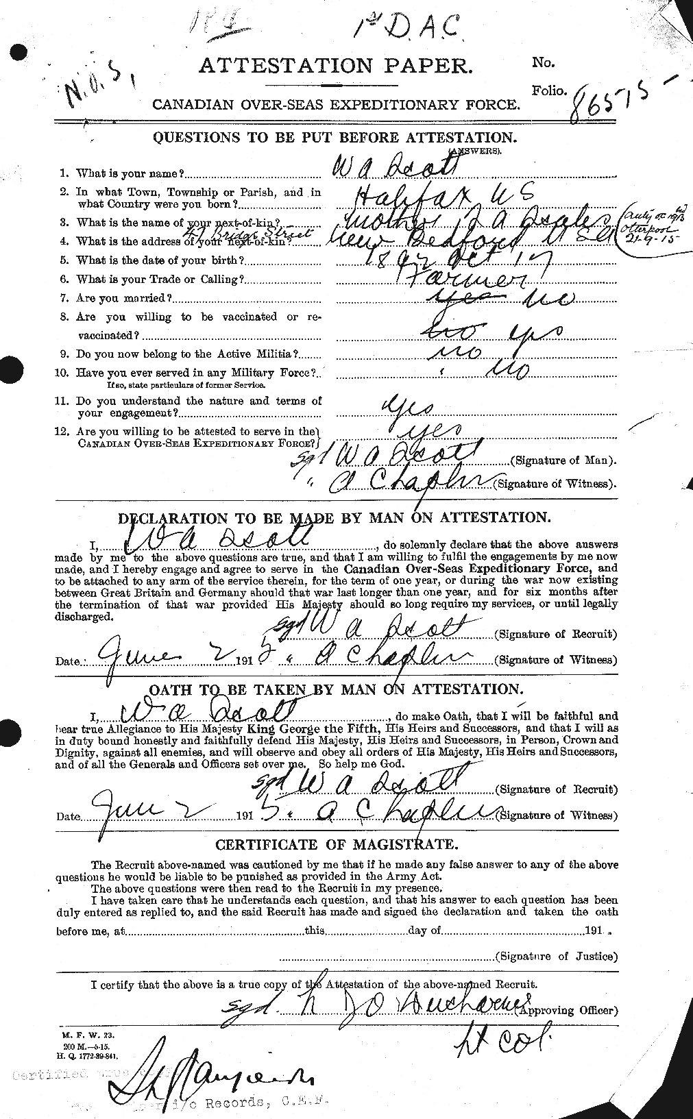 Dossiers du Personnel de la Première Guerre mondiale - CEC 088198a