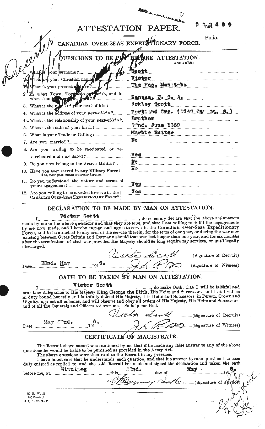 Dossiers du Personnel de la Première Guerre mondiale - CEC 088205a