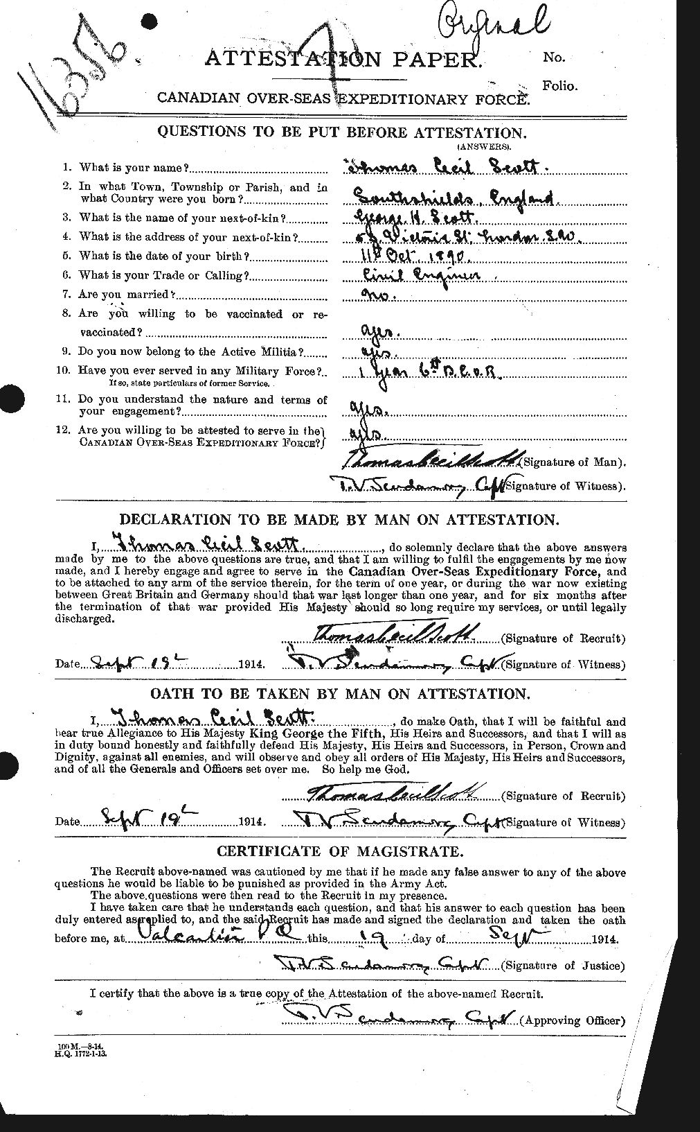 Dossiers du Personnel de la Première Guerre mondiale - CEC 088521a