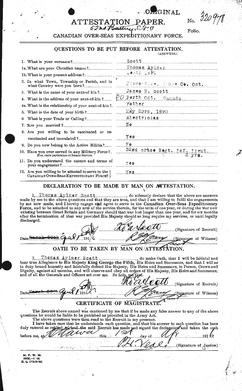 Dossiers du Personnel de la Première Guerre mondiale - CEC 088524a