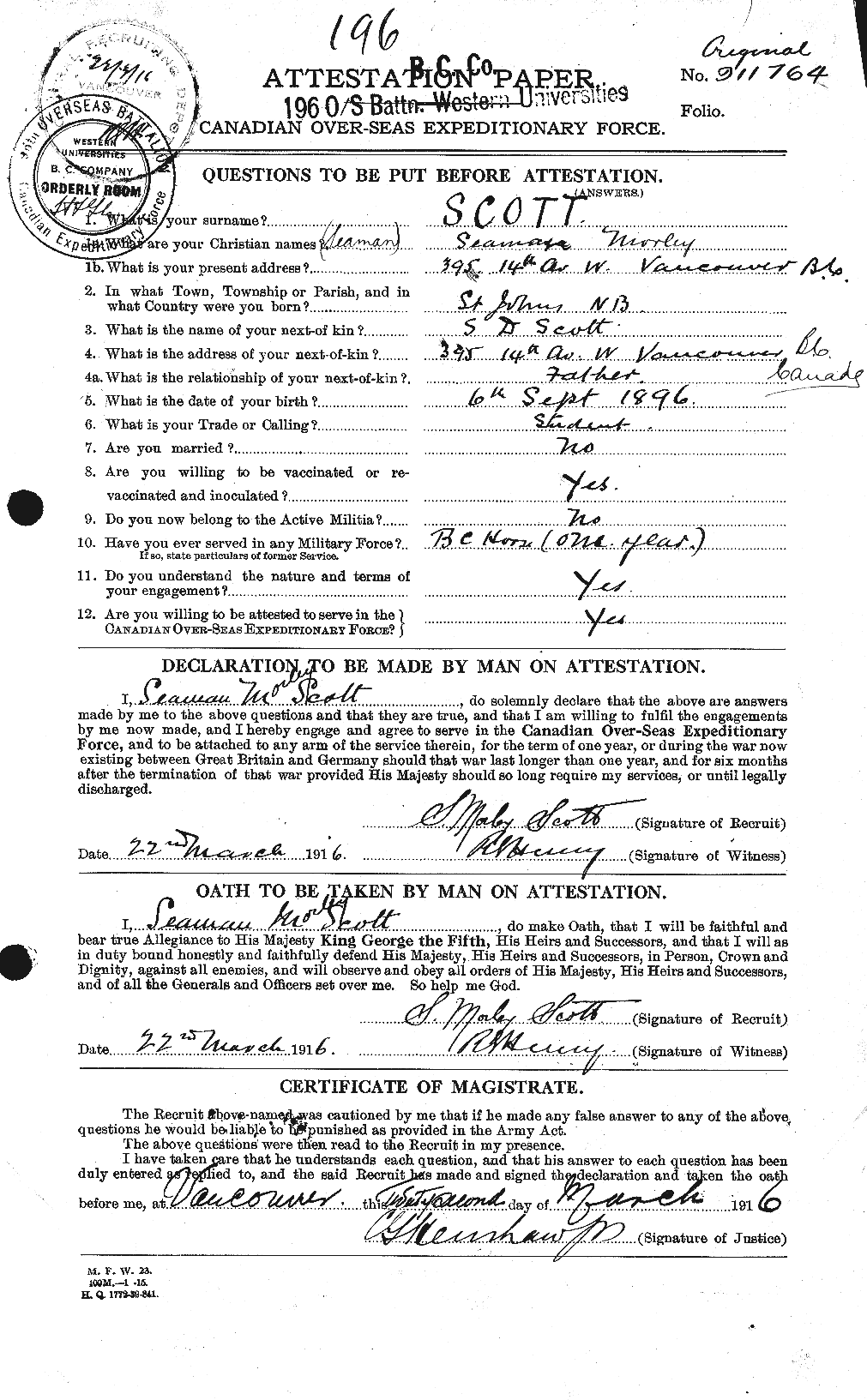 Dossiers du Personnel de la Première Guerre mondiale - CEC 088852a