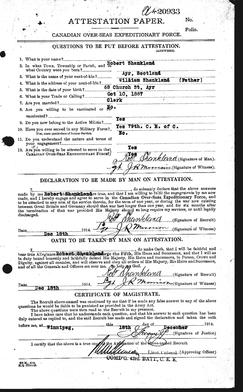 Dossiers du Personnel de la Première Guerre mondiale - CEC 089162a