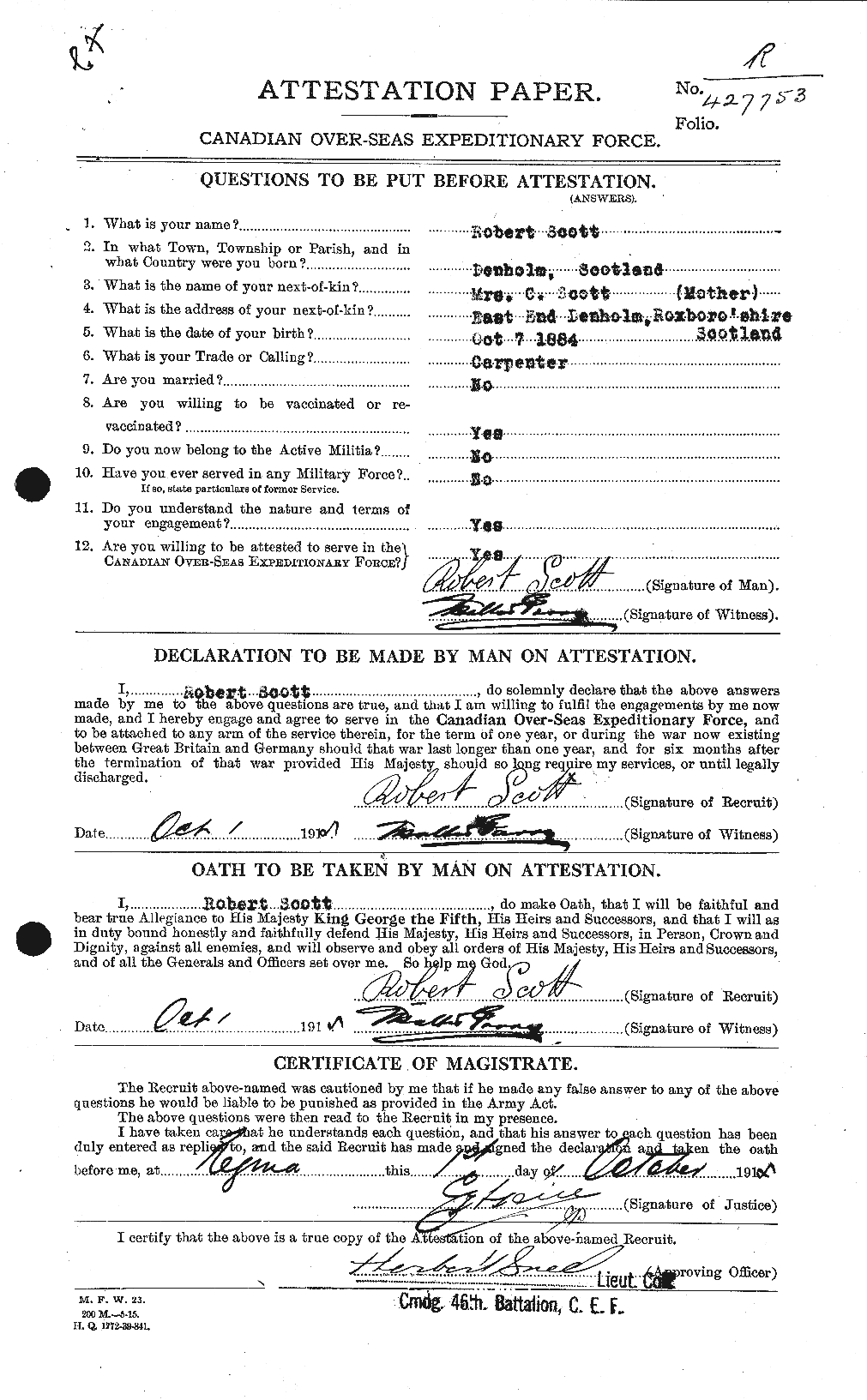 Dossiers du Personnel de la Première Guerre mondiale - CEC 089234a