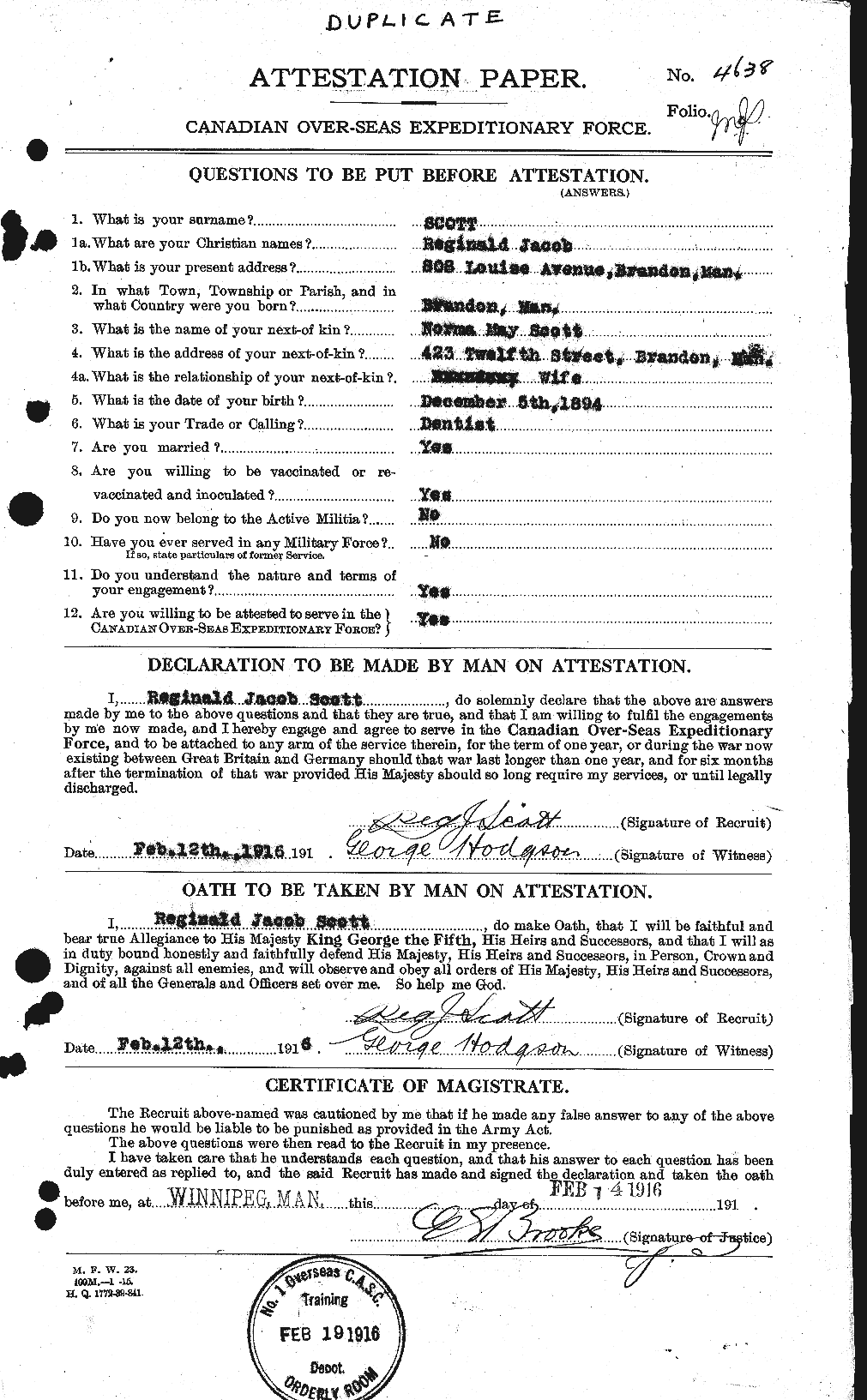 Dossiers du Personnel de la Première Guerre mondiale - CEC 090193a