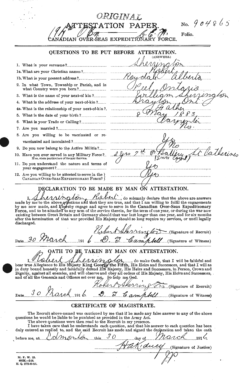 Dossiers du Personnel de la Première Guerre mondiale - CEC 092373a