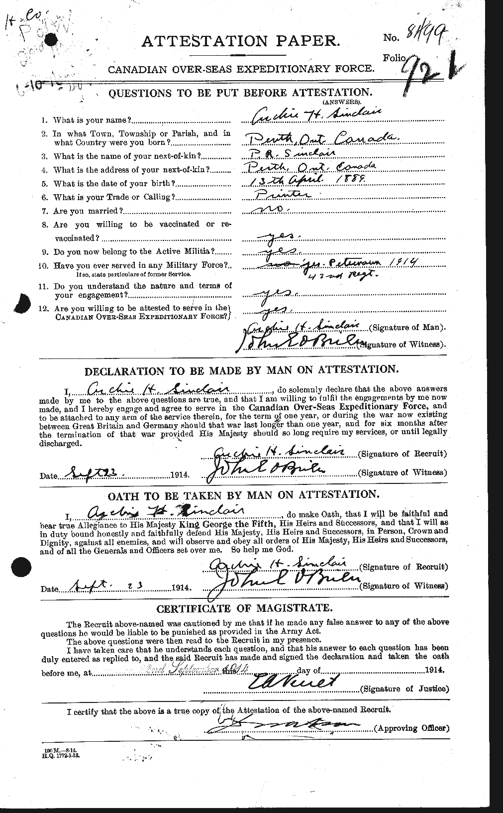 Dossiers du Personnel de la Première Guerre mondiale - CEC 096661a