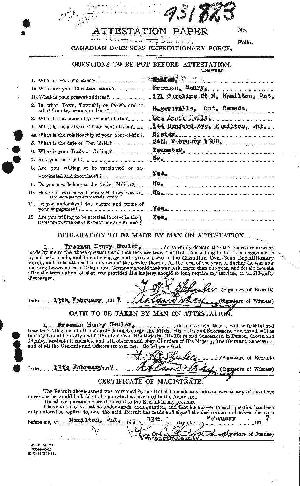 Dossiers du Personnel de la Première Guerre mondiale - CEC 097293a