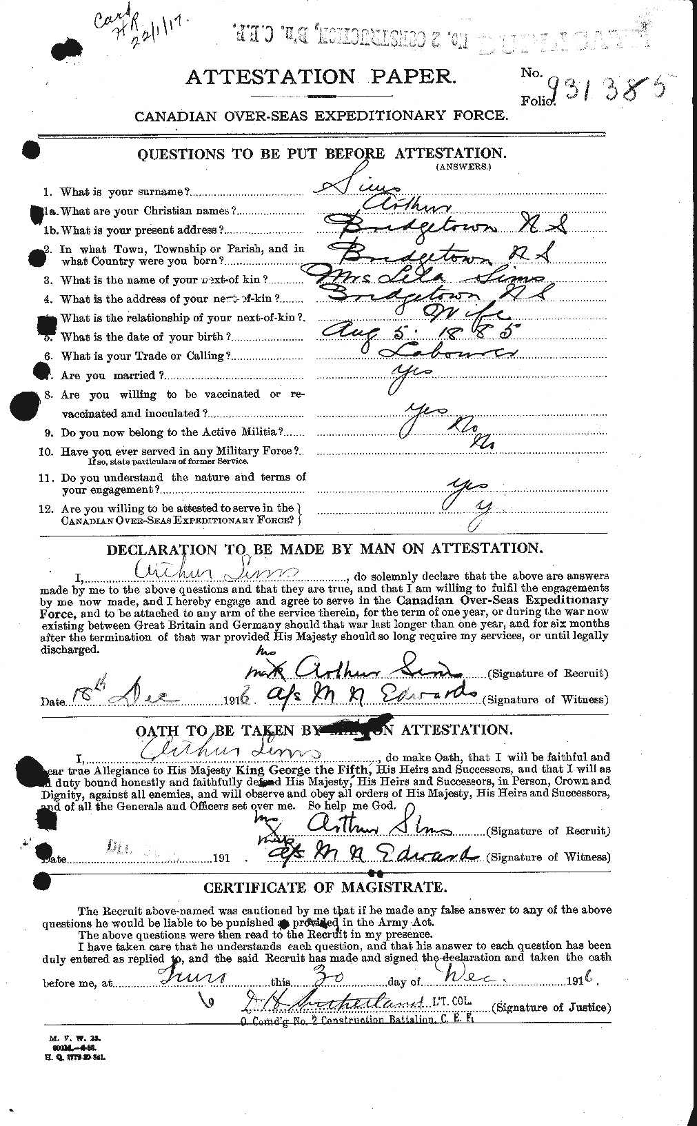 Dossiers du Personnel de la Première Guerre mondiale - CEC 097801a