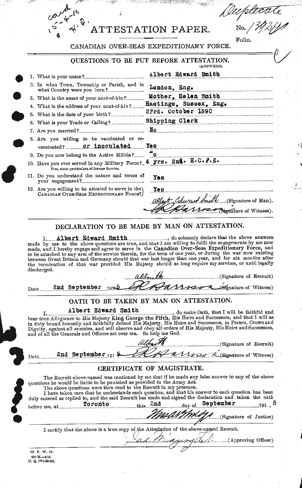 Dossiers du Personnel de la Première Guerre mondiale - CEC 098949a