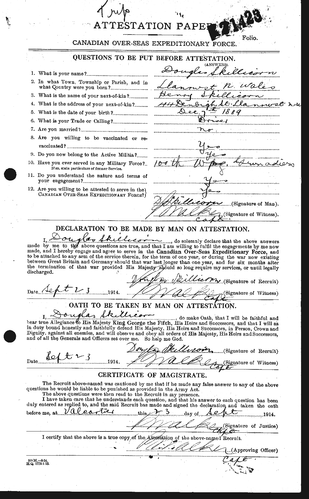 Dossiers du Personnel de la Première Guerre mondiale - CEC 098996a
