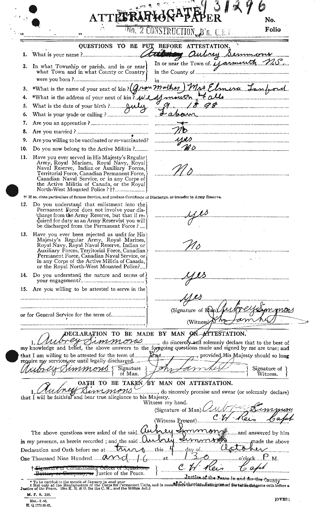 Dossiers du Personnel de la Première Guerre mondiale - CEC 099150a