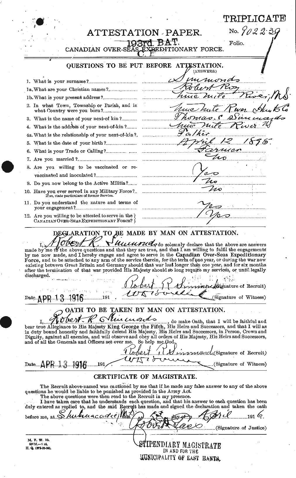 Dossiers du Personnel de la Première Guerre mondiale - CEC 099419a