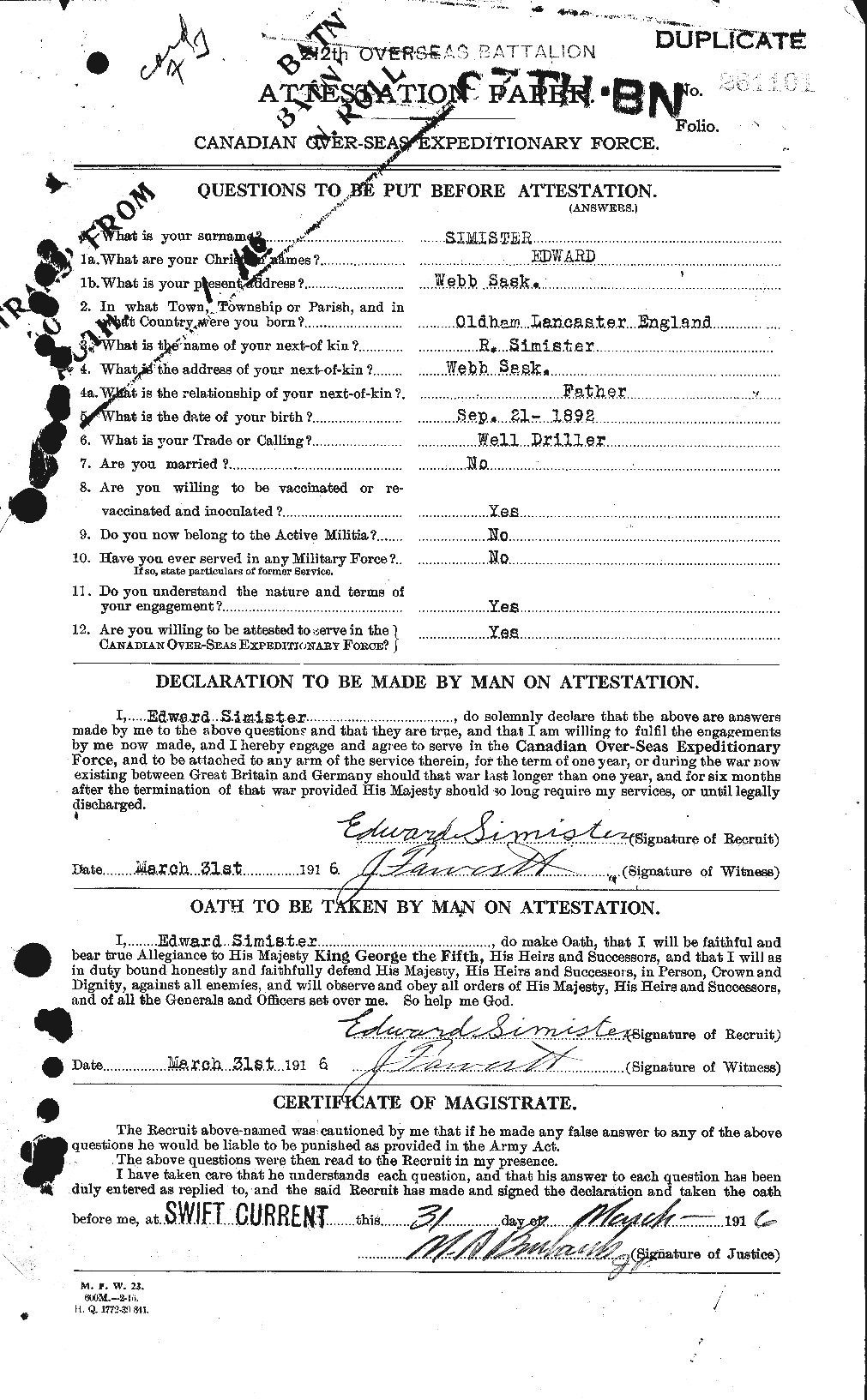 Dossiers du Personnel de la Première Guerre mondiale - CEC 100256a