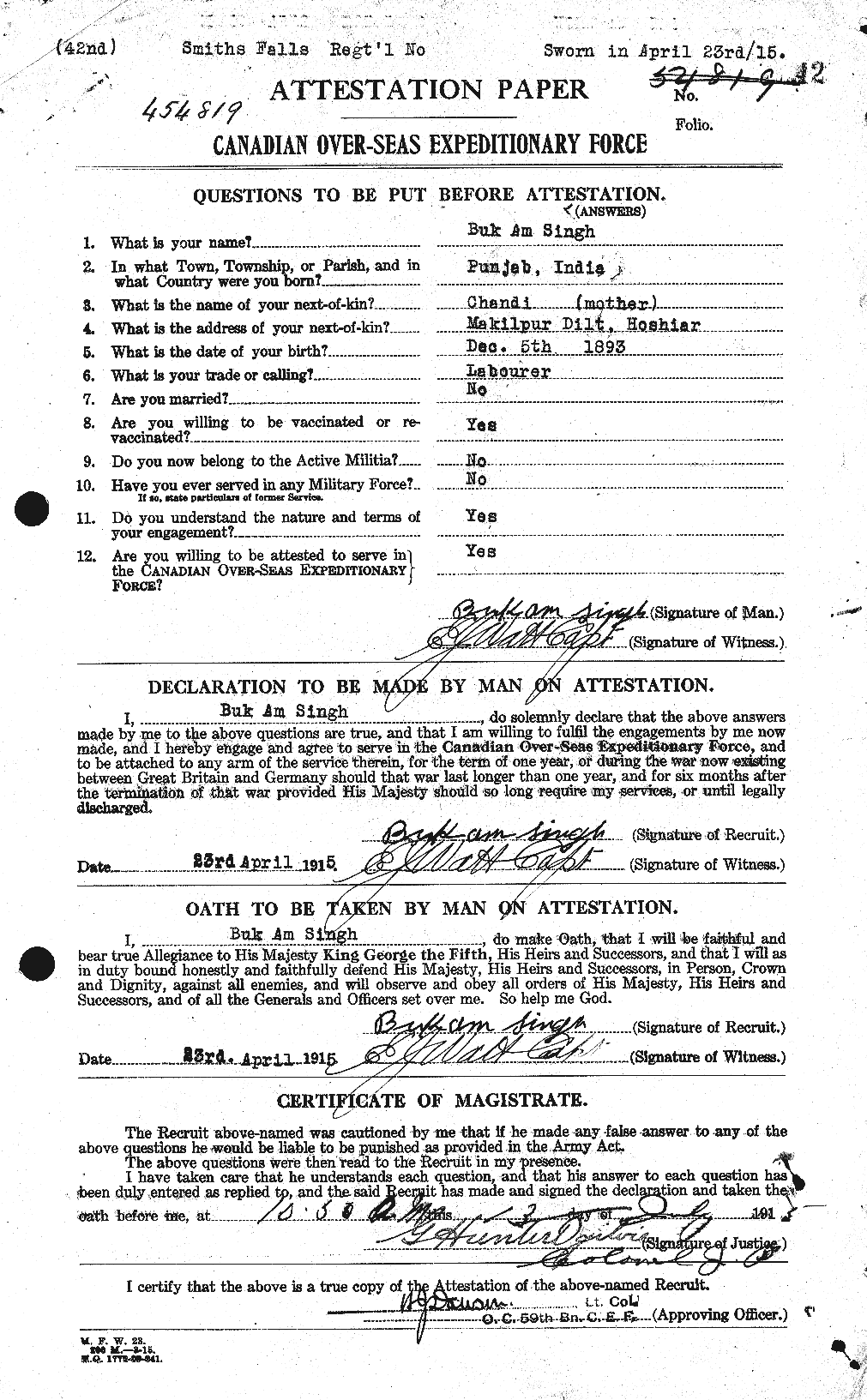 Dossiers du Personnel de la Première Guerre mondiale - CEC 100699a