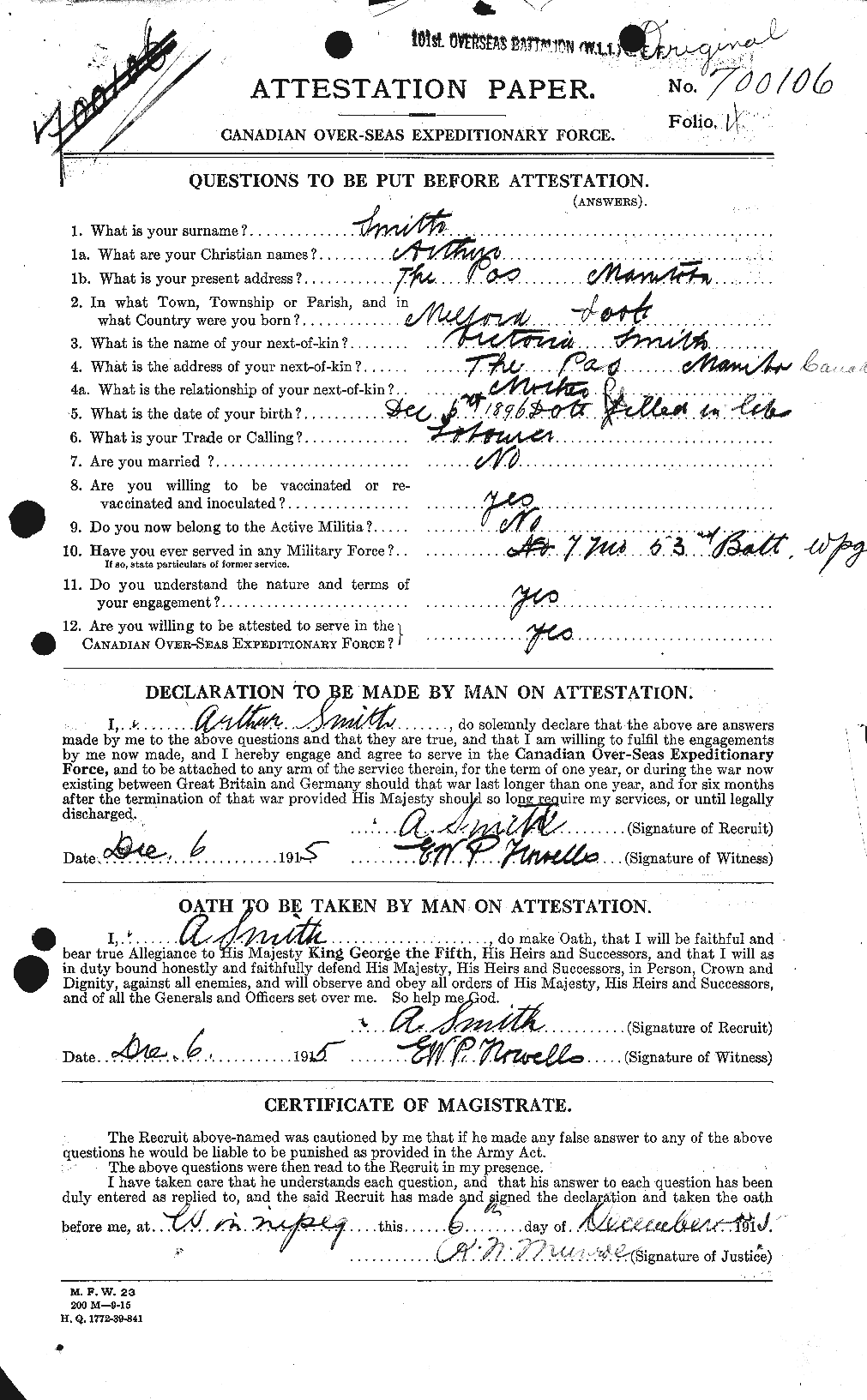 Dossiers du Personnel de la Première Guerre mondiale - CEC 101999a