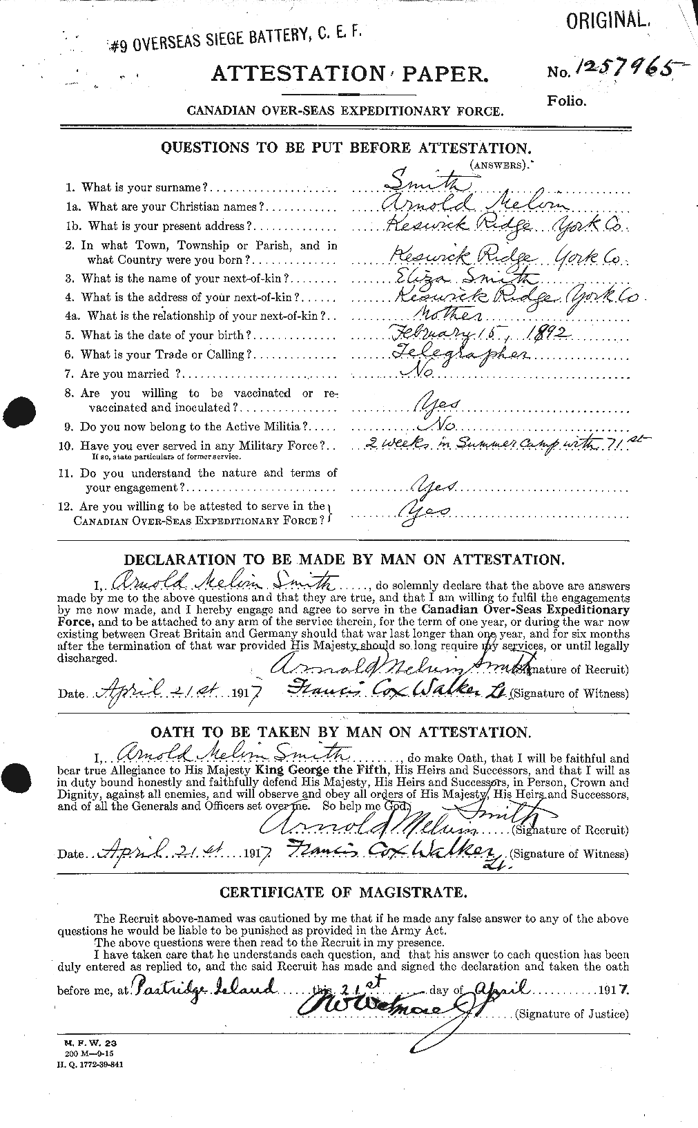 Dossiers du Personnel de la Première Guerre mondiale - CEC 102193a