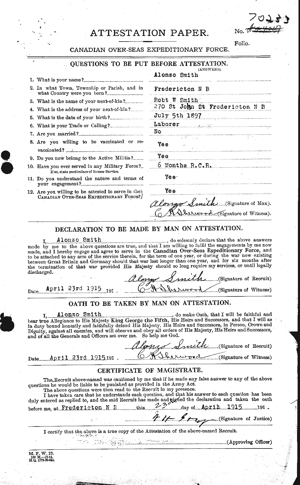 Dossiers du Personnel de la Première Guerre mondiale - CEC 102784a