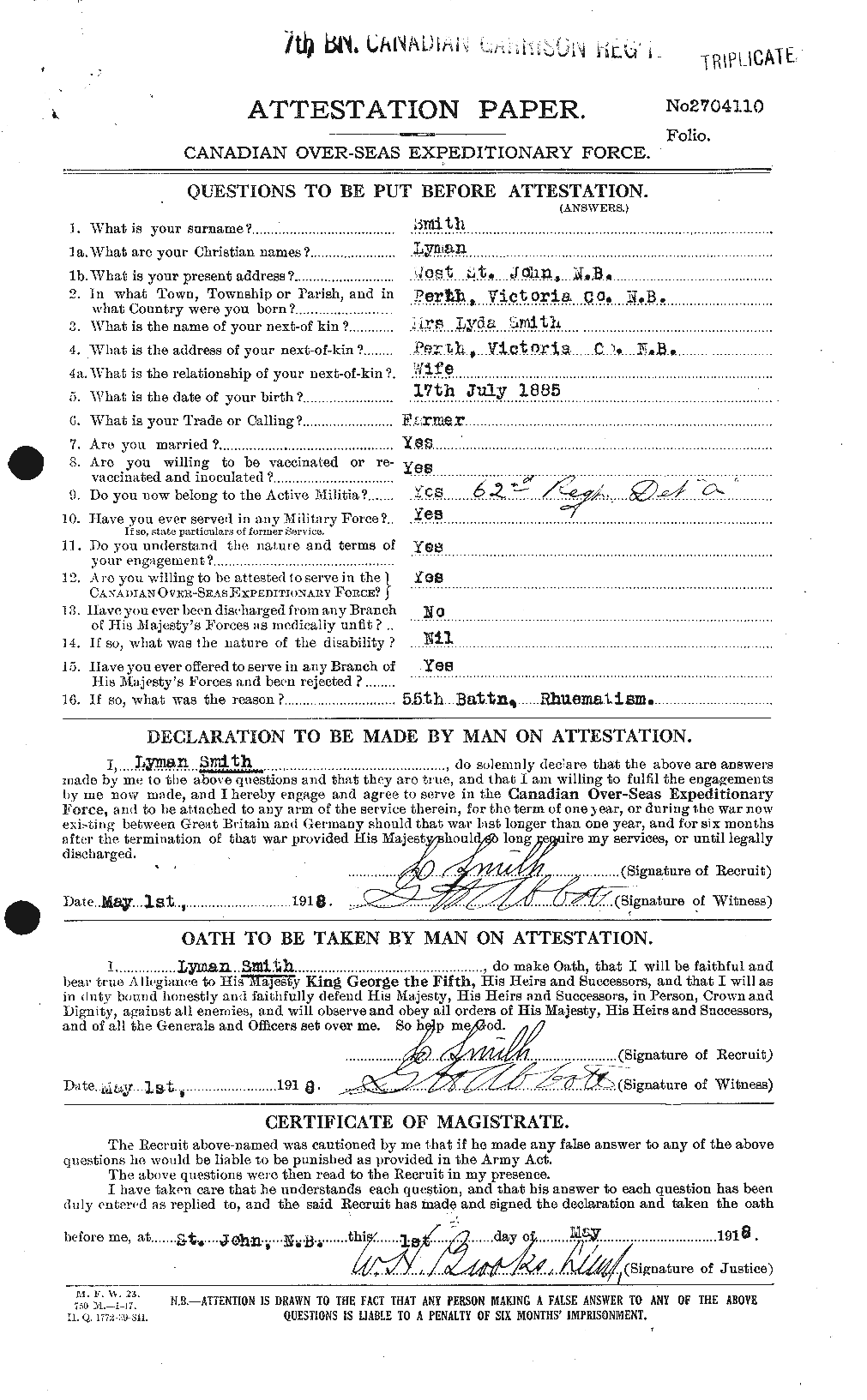 Dossiers du Personnel de la Première Guerre mondiale - CEC 104807a