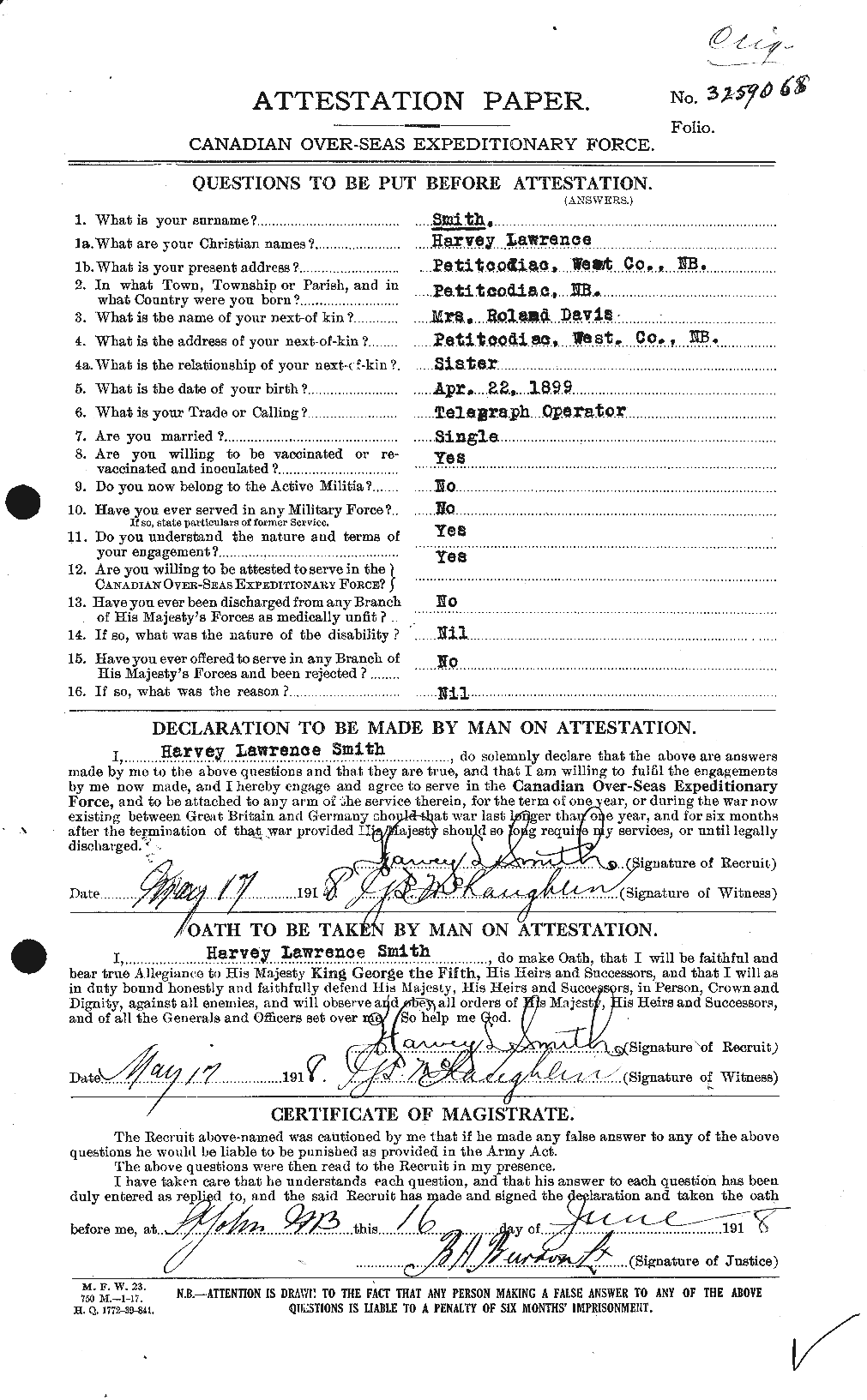 Dossiers du Personnel de la Première Guerre mondiale - CEC 105190a