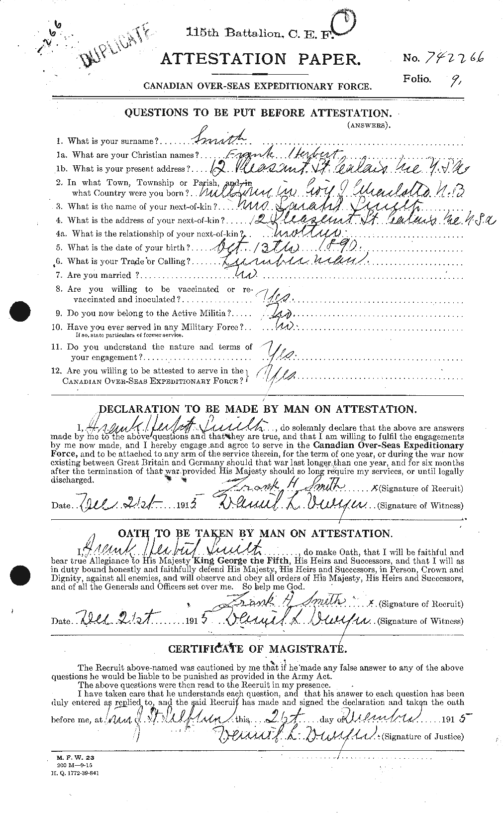 Dossiers du Personnel de la Première Guerre mondiale - CEC 106763a