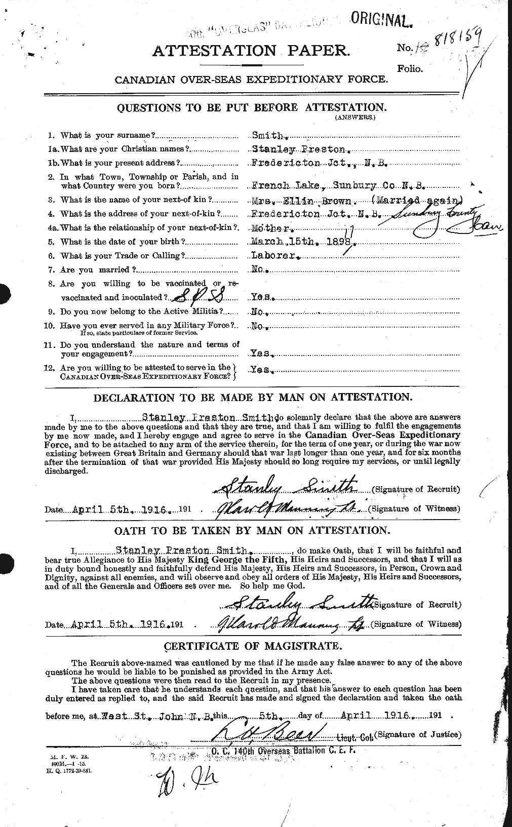 Dossiers du Personnel de la Première Guerre mondiale - CEC 107380a