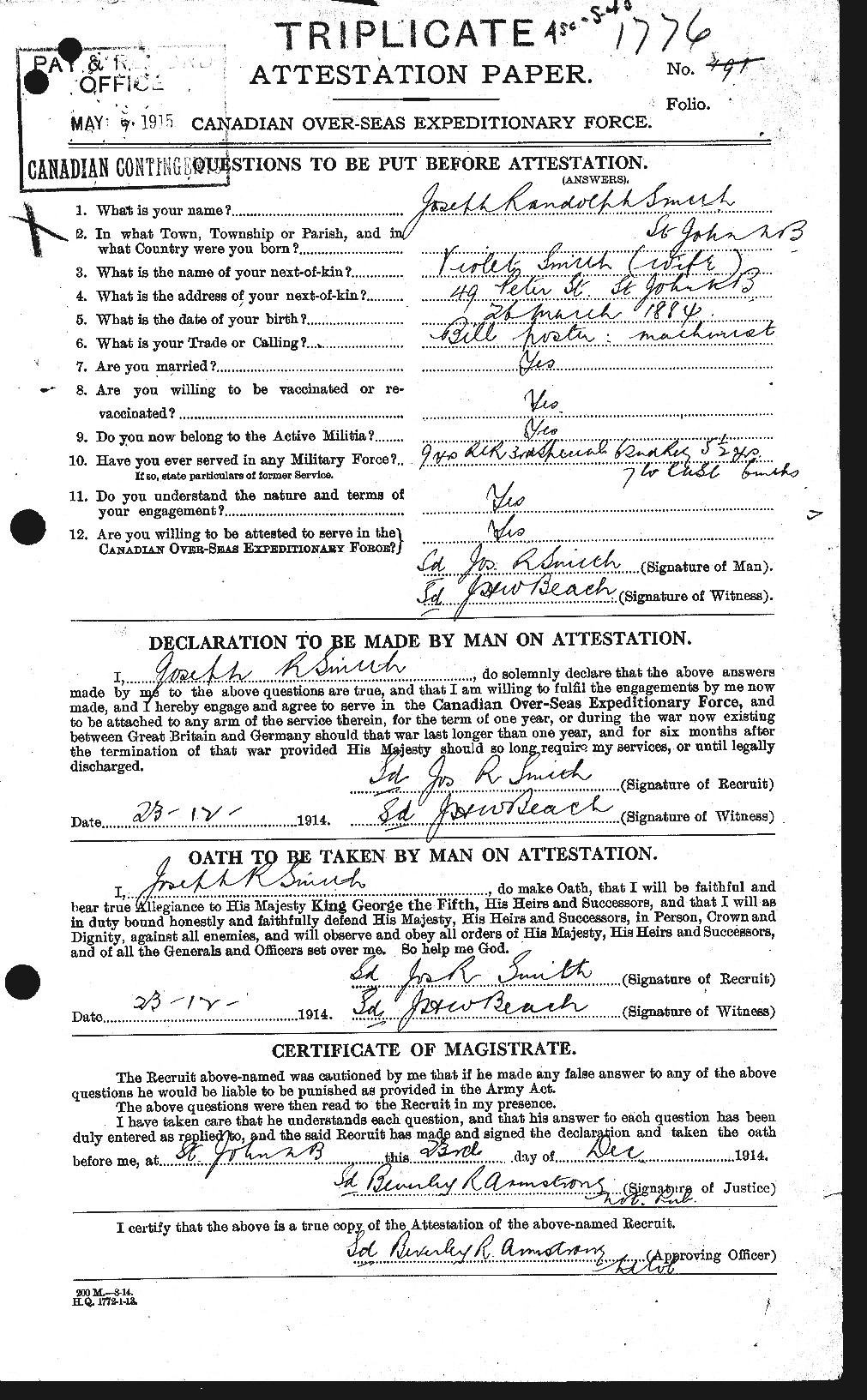 Dossiers du Personnel de la Première Guerre mondiale - CEC 107636a