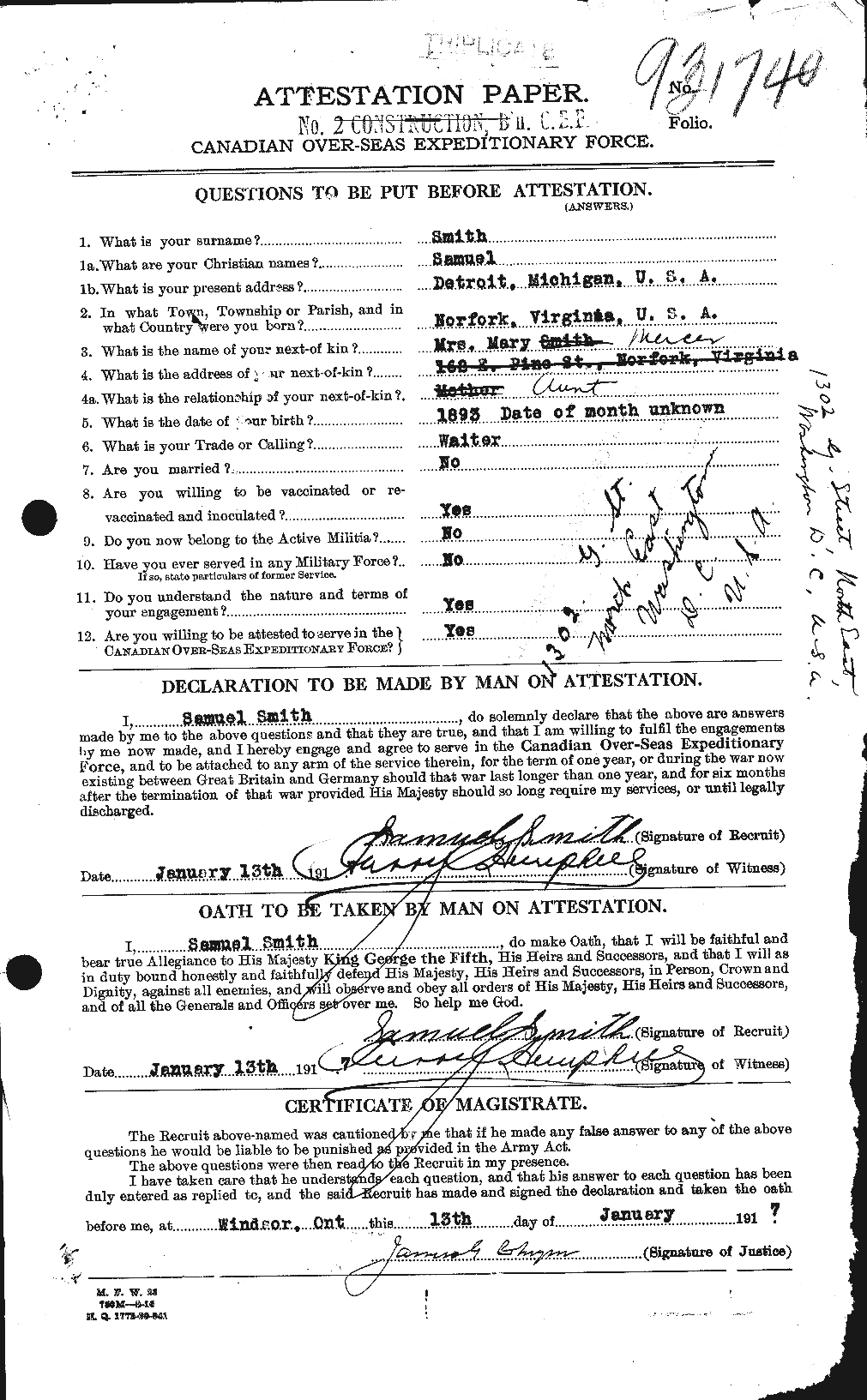 Dossiers du Personnel de la Première Guerre mondiale - CEC 108763a