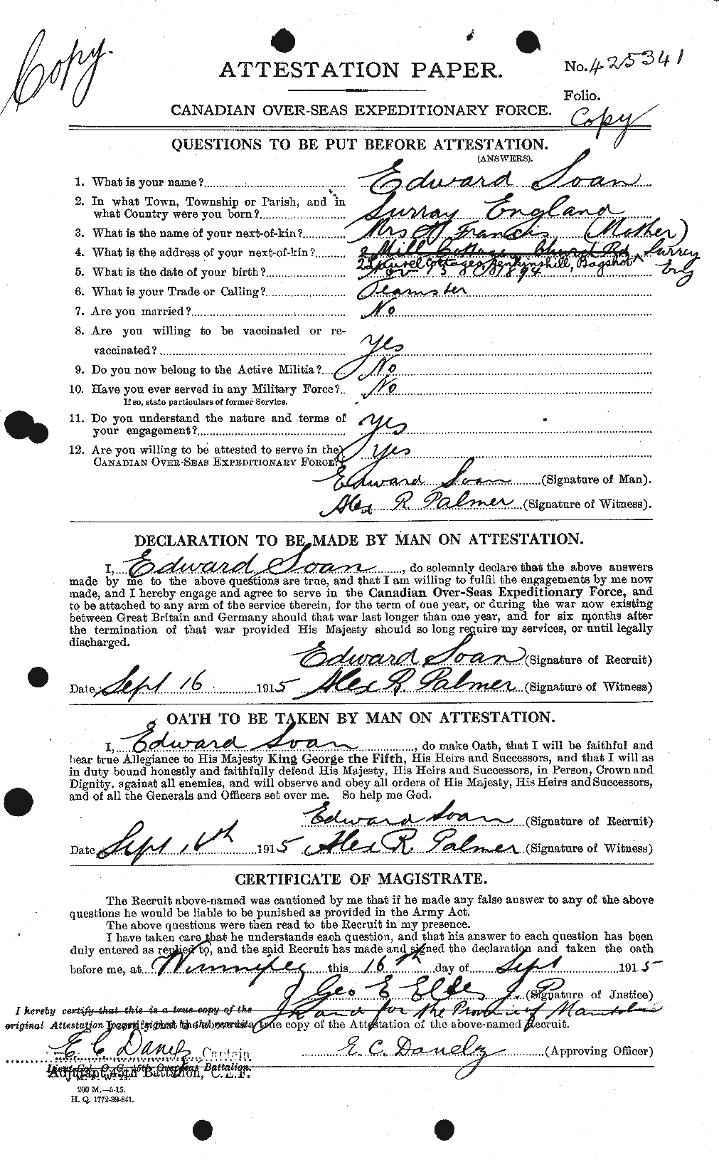 Personnel Records of the First World War - CEF 109039a