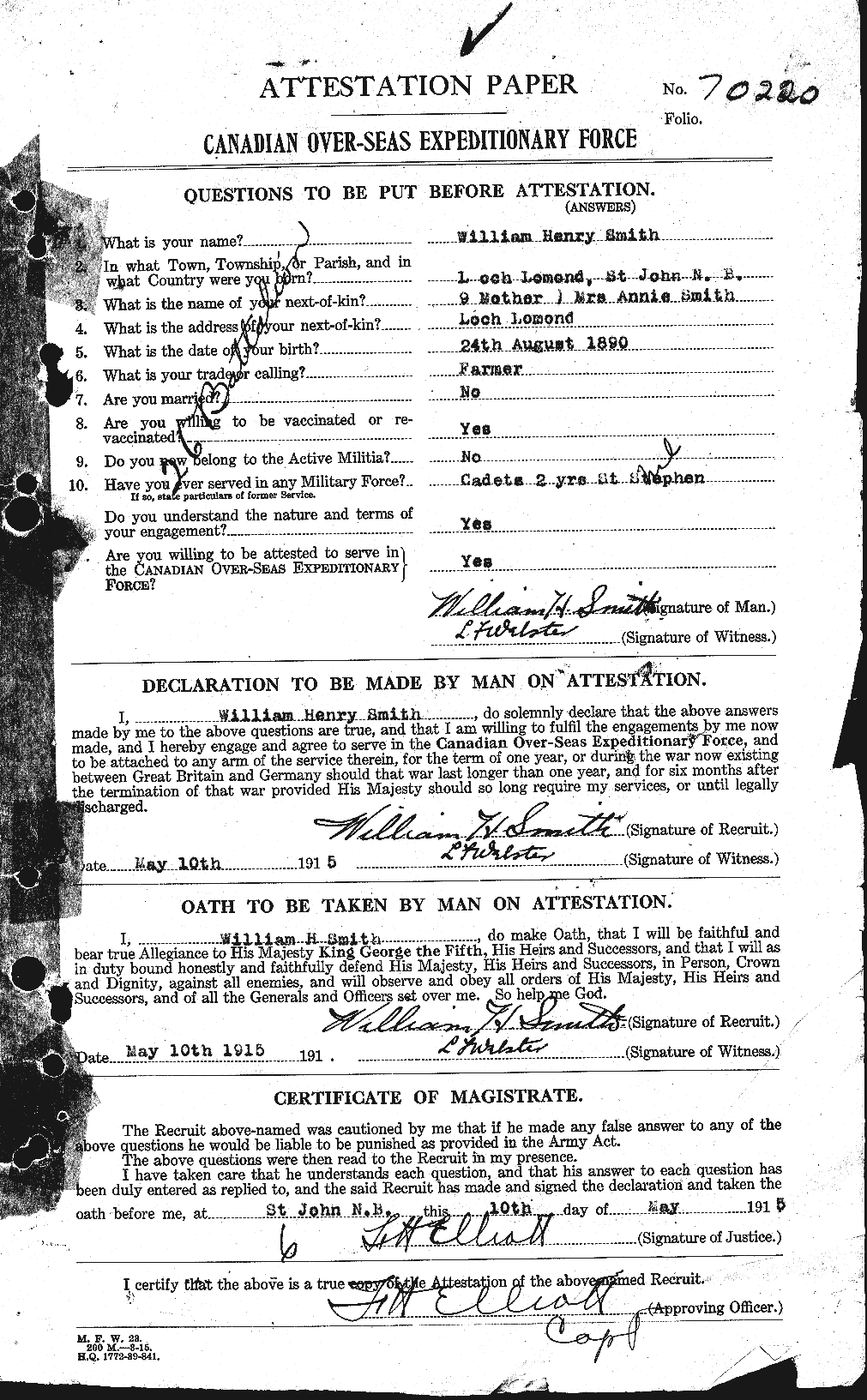 Dossiers du Personnel de la Première Guerre mondiale - CEC 109279a