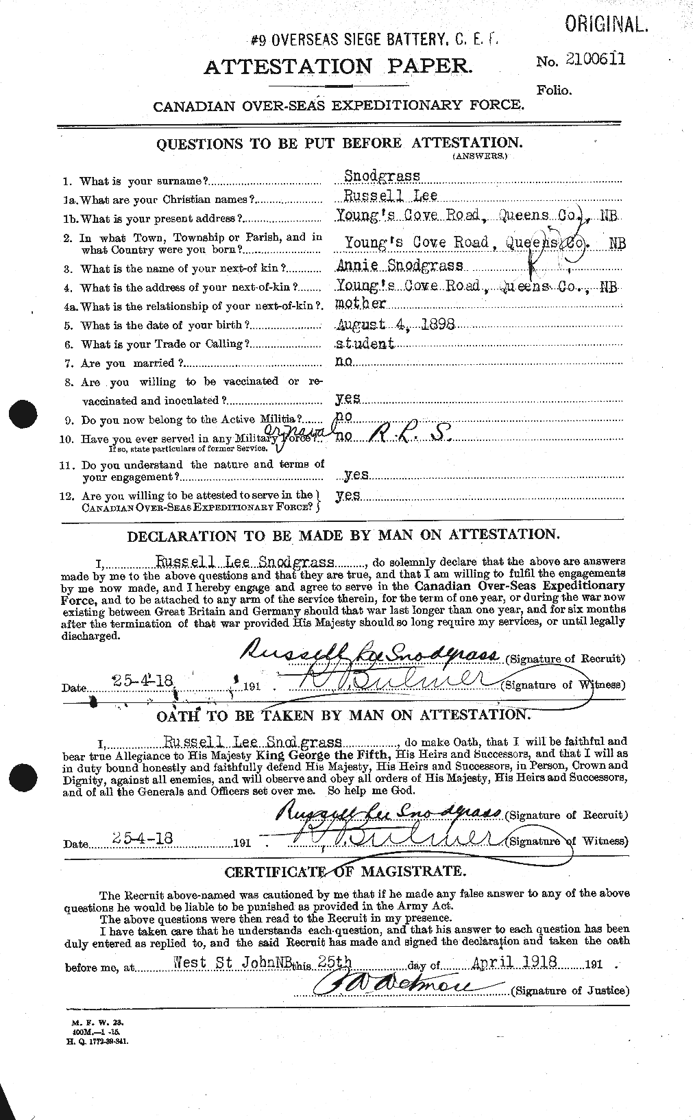 Dossiers du Personnel de la Première Guerre mondiale - CEC 109430a