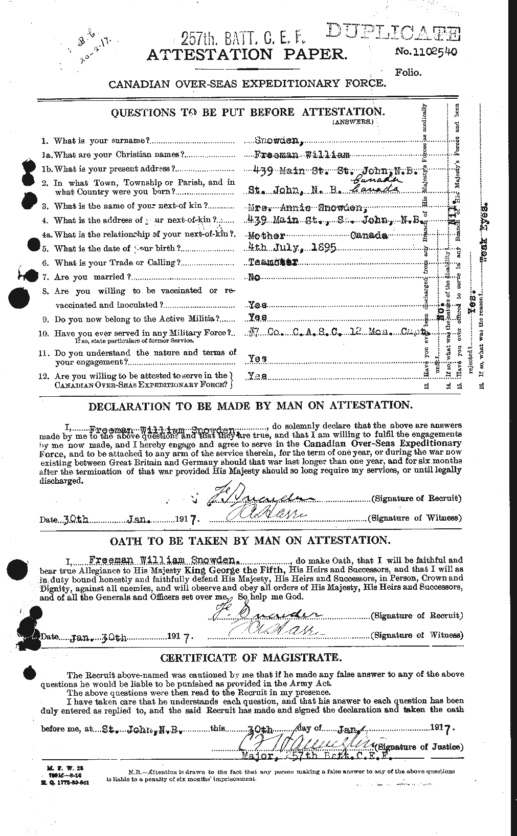 Dossiers du Personnel de la Première Guerre mondiale - CEC 109491a