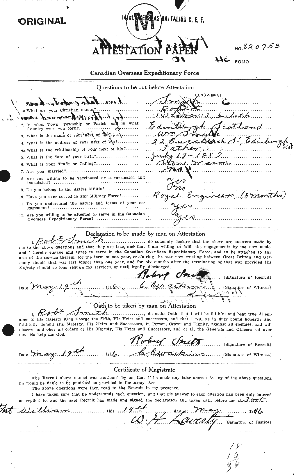 Dossiers du Personnel de la Première Guerre mondiale - CEC 110252a