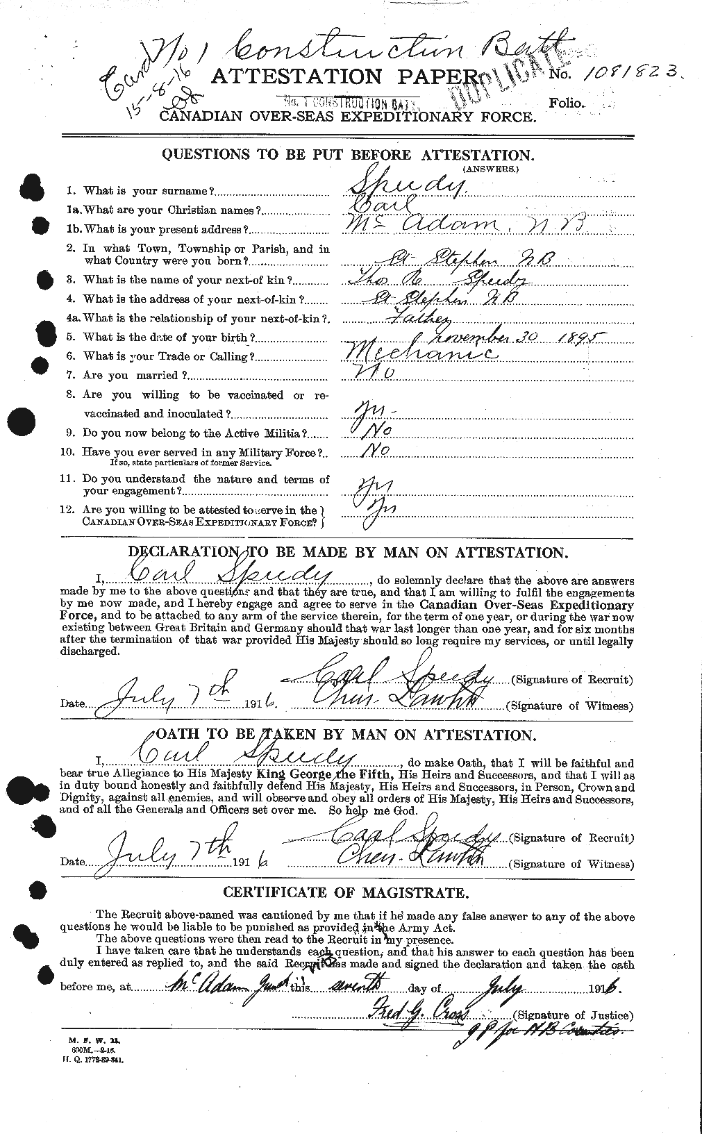 Personnel Records of the First World War - CEF 110301a