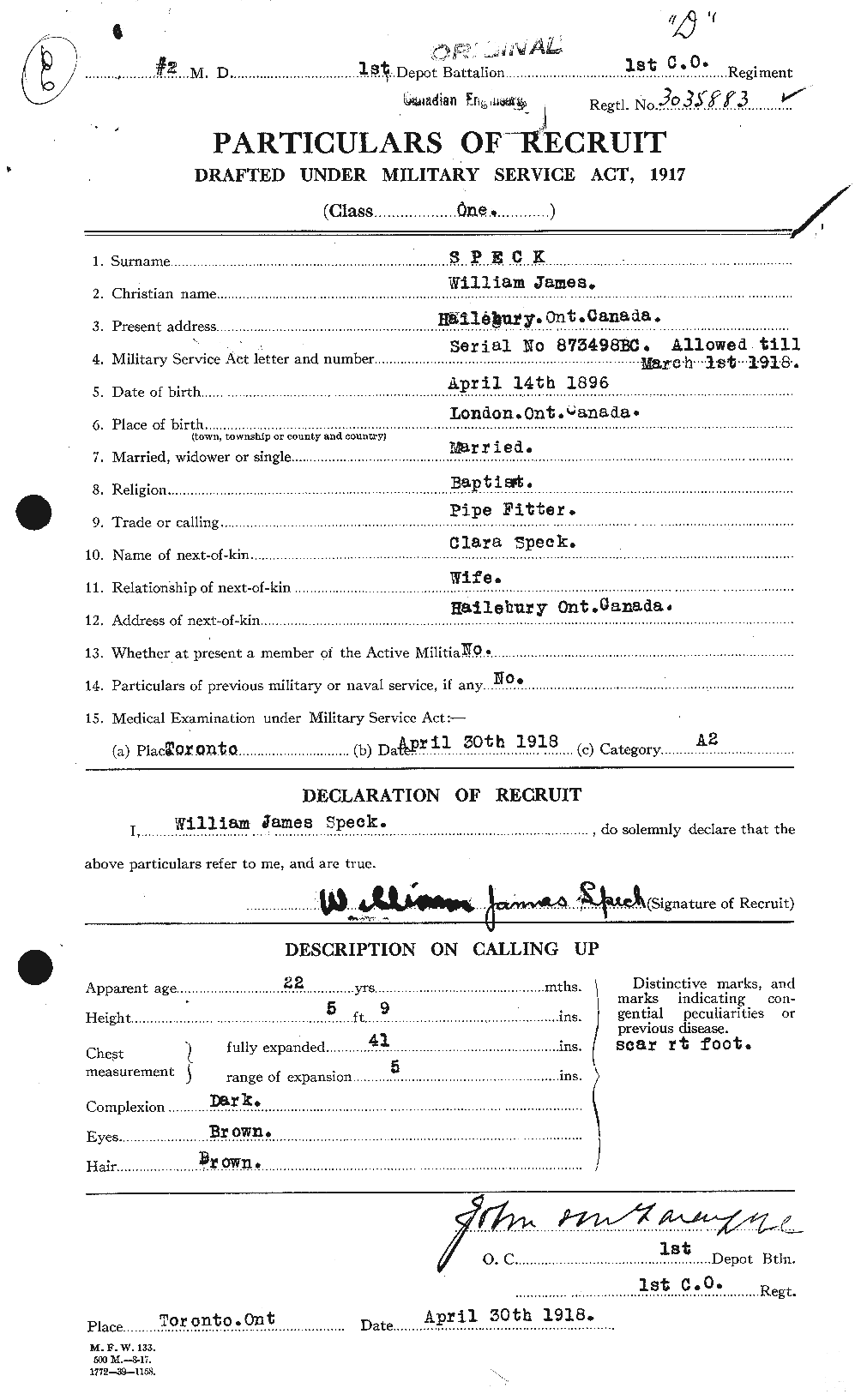 Dossiers du Personnel de la Première Guerre mondiale - CEC 110492a