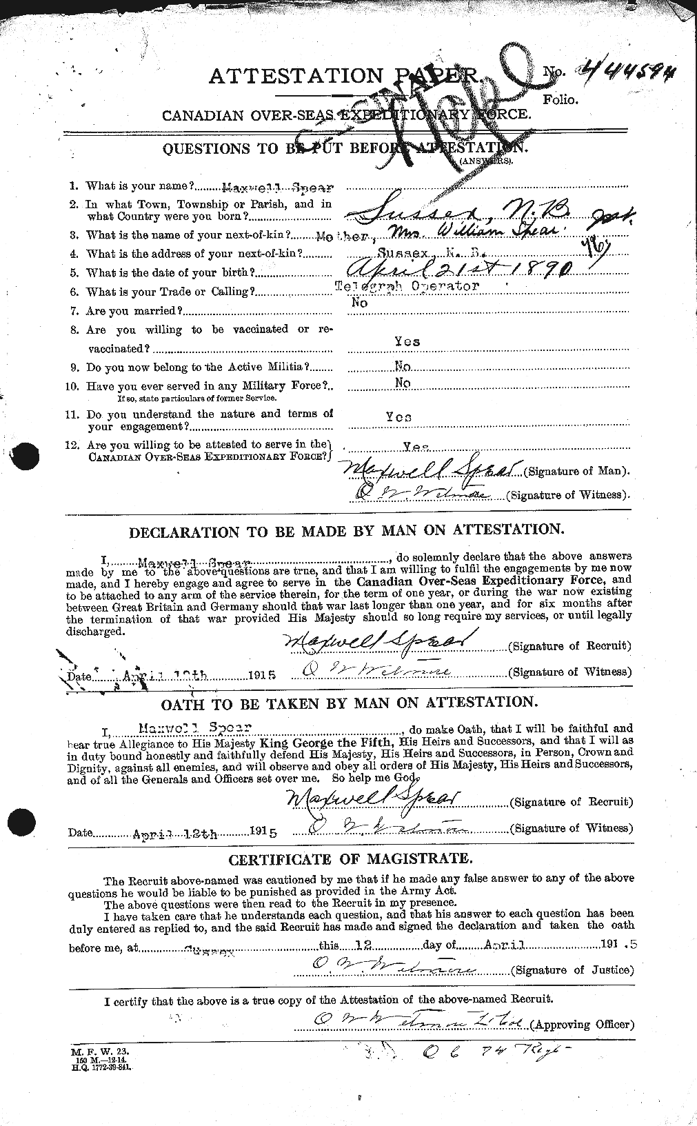 Dossiers du Personnel de la Première Guerre mondiale - CEC 110830a