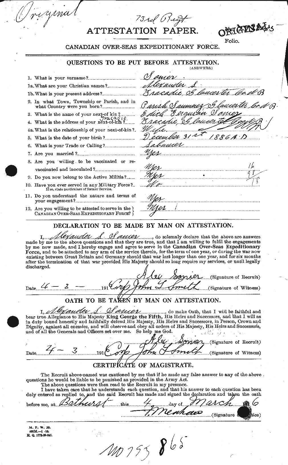 Dossiers du Personnel de la Première Guerre mondiale - CEC 111043a