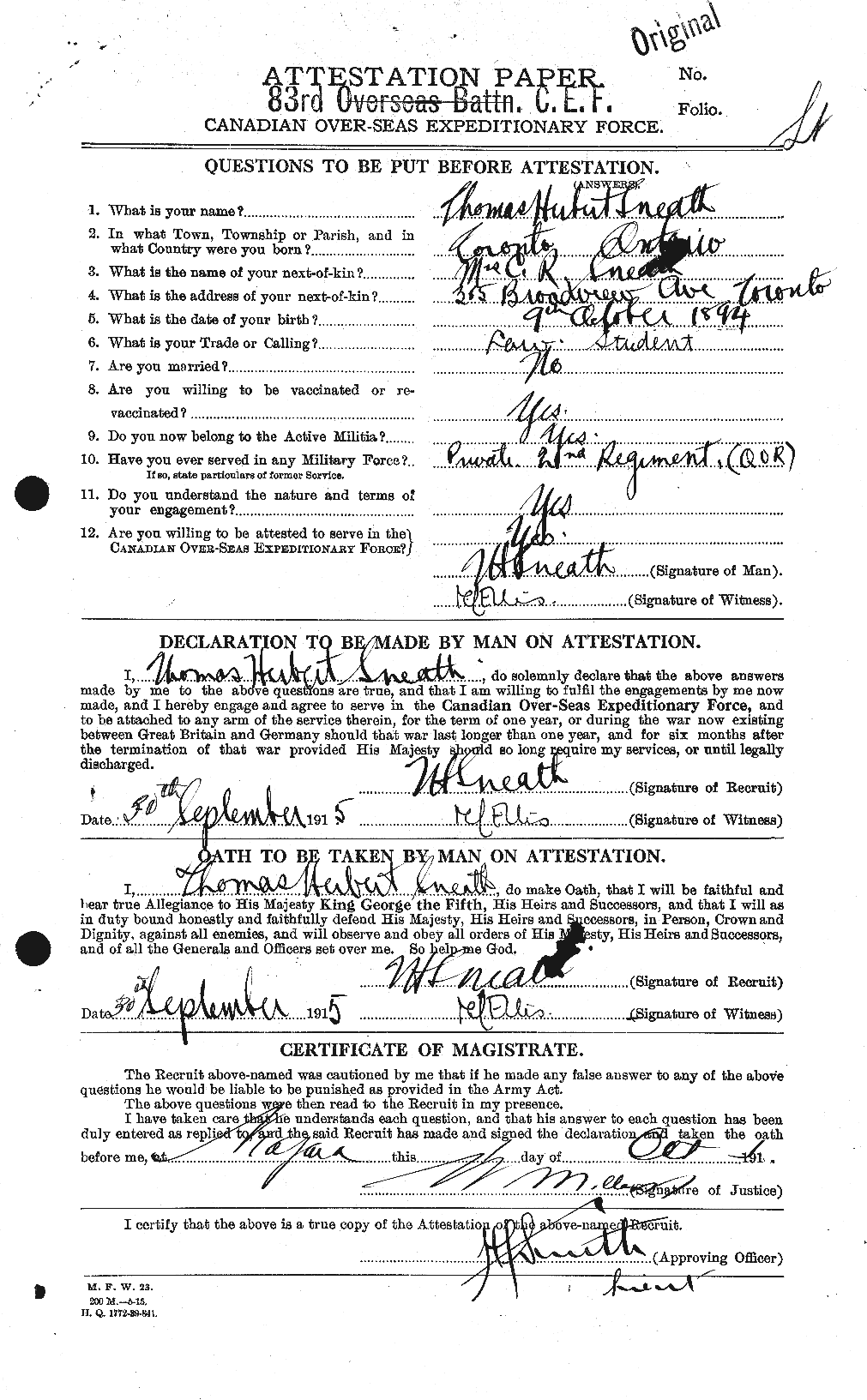Dossiers du Personnel de la Première Guerre mondiale - CEC 111153a