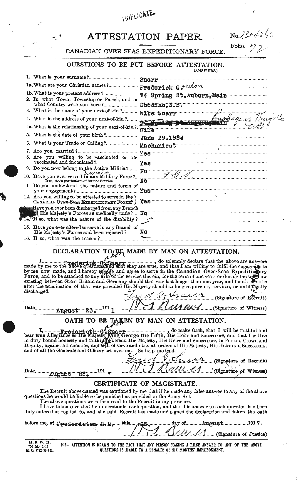 Dossiers du Personnel de la Première Guerre mondiale - CEC 111300a