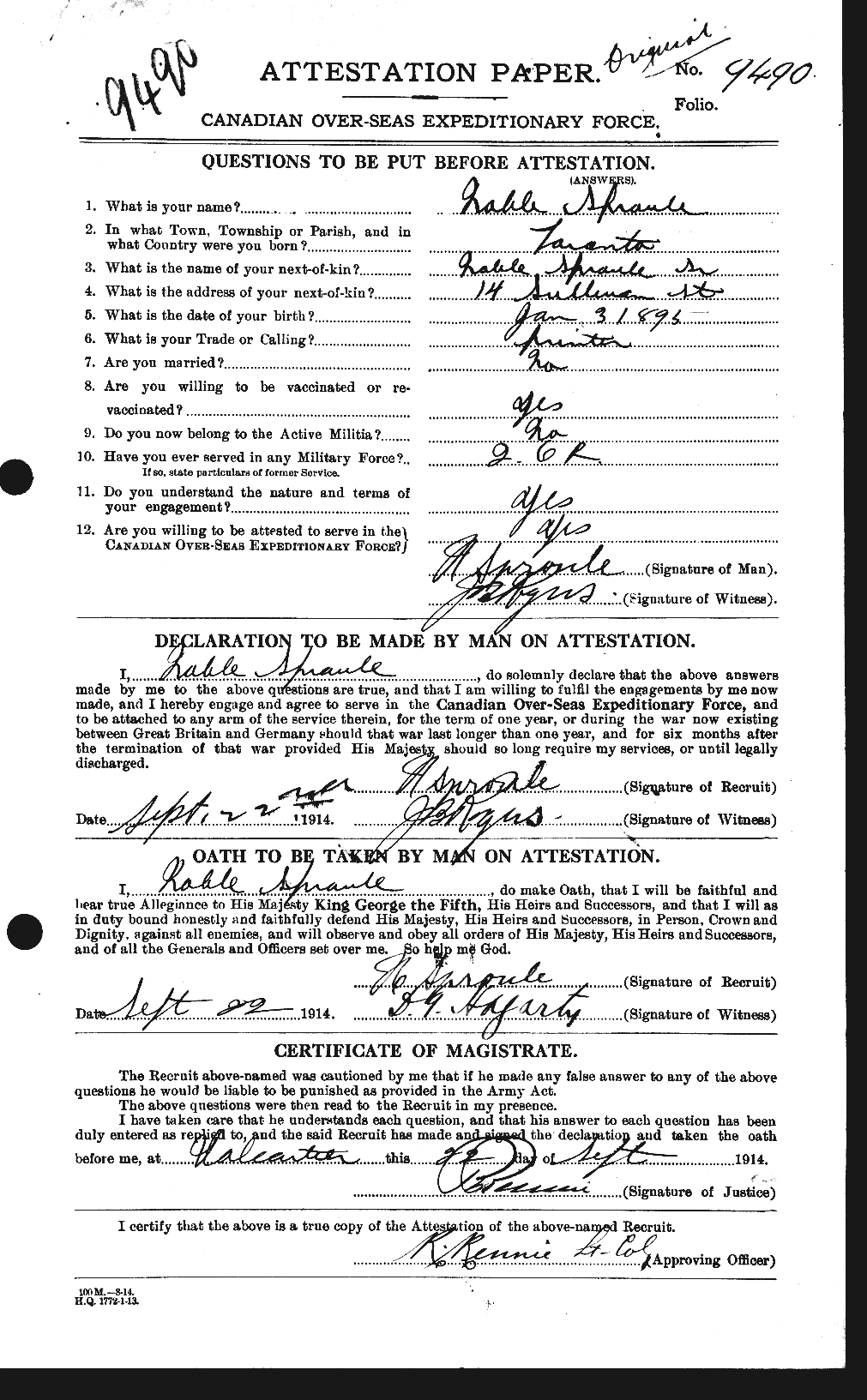 Personnel Records of the First World War - CEF 111913a